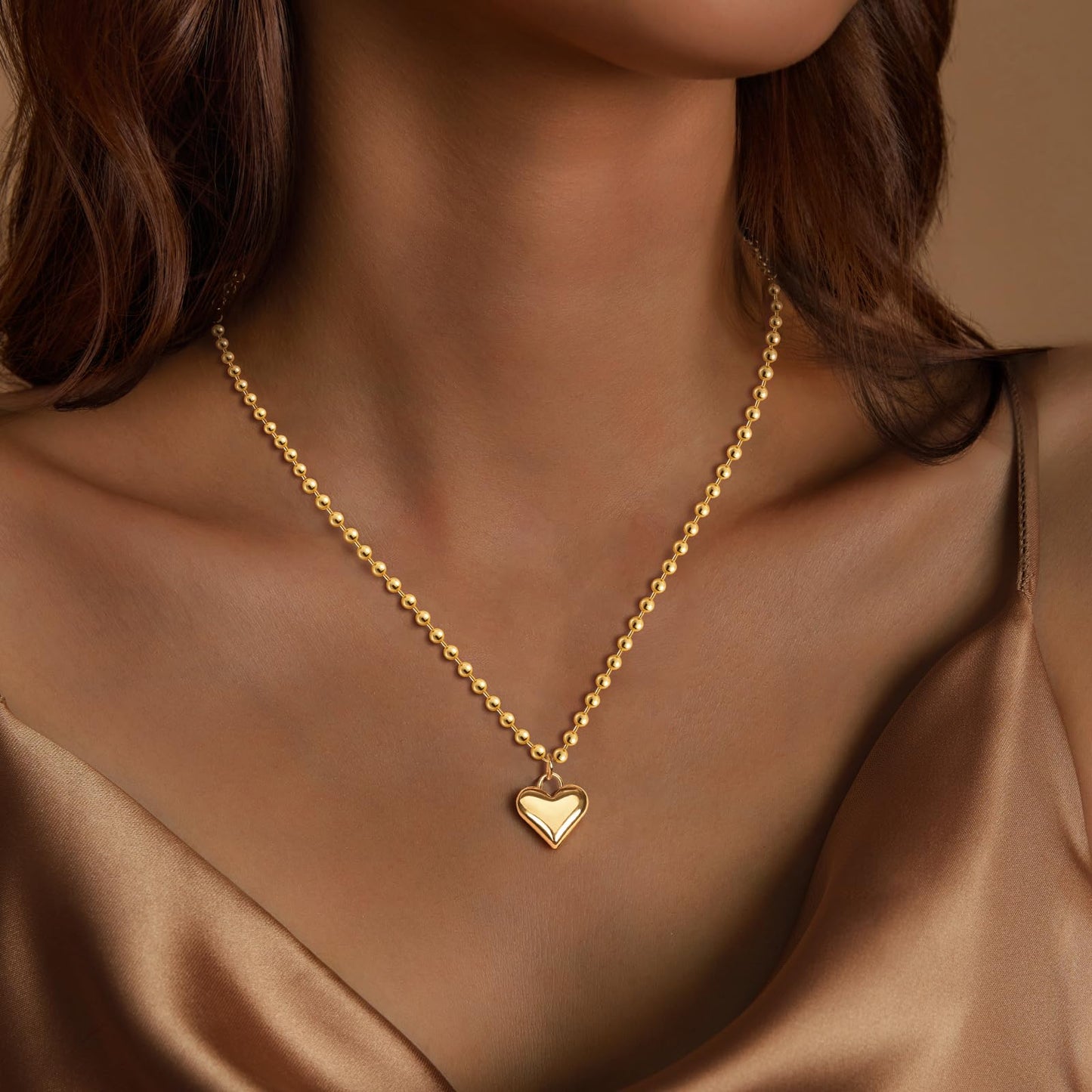Zeffy Gold Heart Pendant Necklace Chunky Beaded Ball Chain Necklace Trendy Jewelry Dainty y2k Necklaces Gifts
