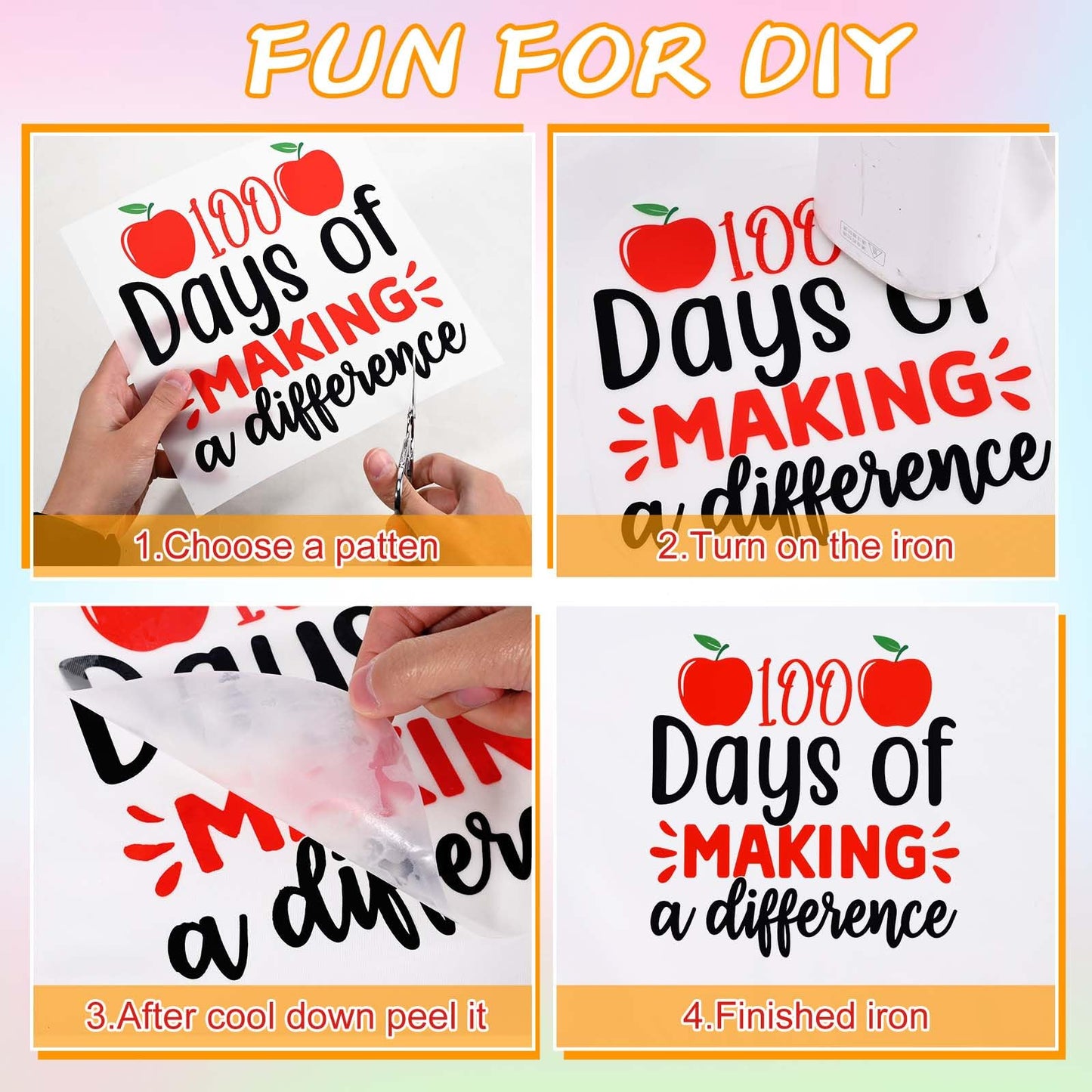 16 Sets 100 Days of School Craft Kit Iron on Transfers Stickers DIY Iron on Heat Transfer Decals with Pom Pom Ball Dot Stickers Gems Number Stickers for Clothing Shirt Bag Classroom Appliques Craft