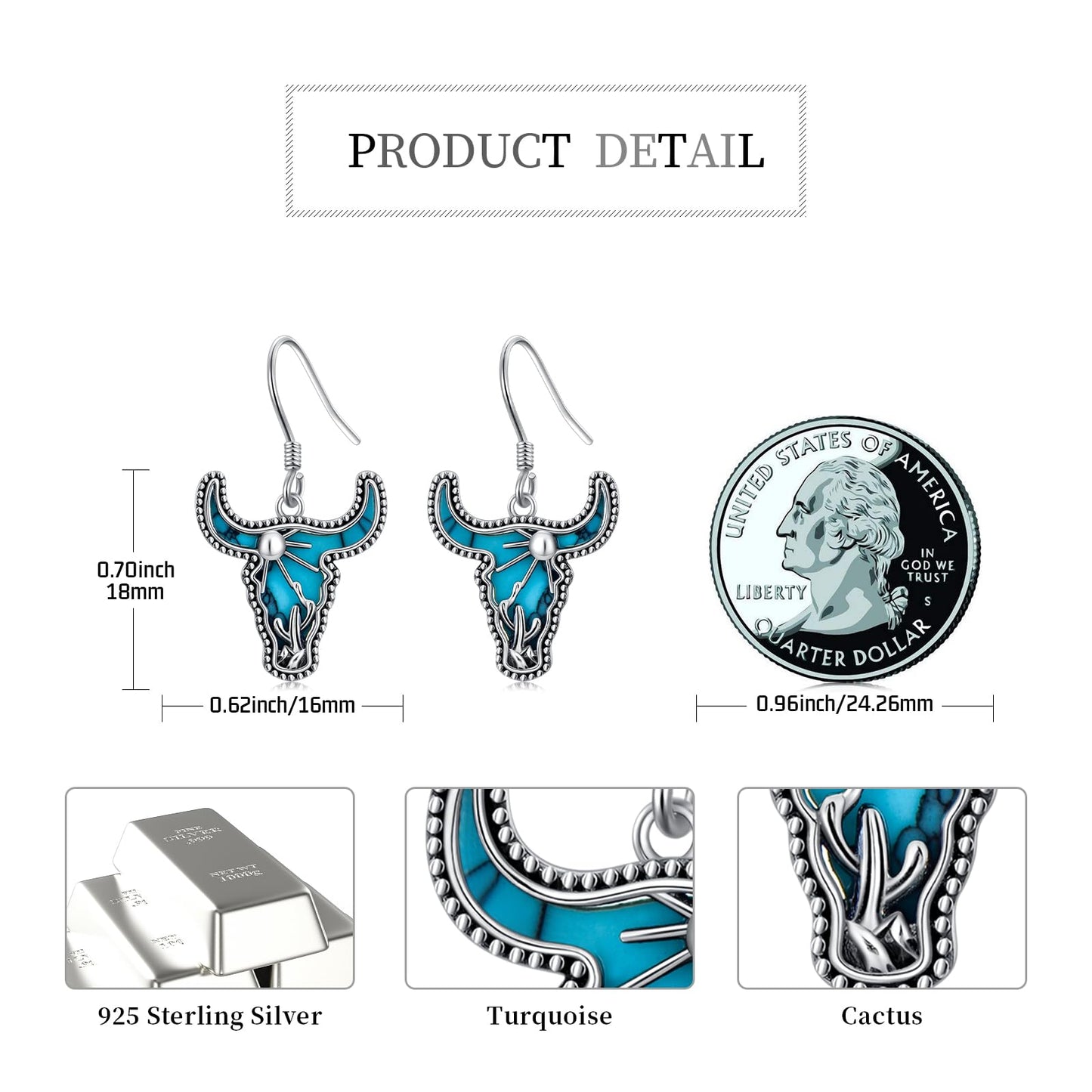 KoyeKei Western Cow Skull Earrings for Cowgirl Cowboy 925 Sterling Silver Longhorn Cow Skull Cactus Turquoise Dangle Drop Earrings Country Jewelry Bohemian Gifts for Women