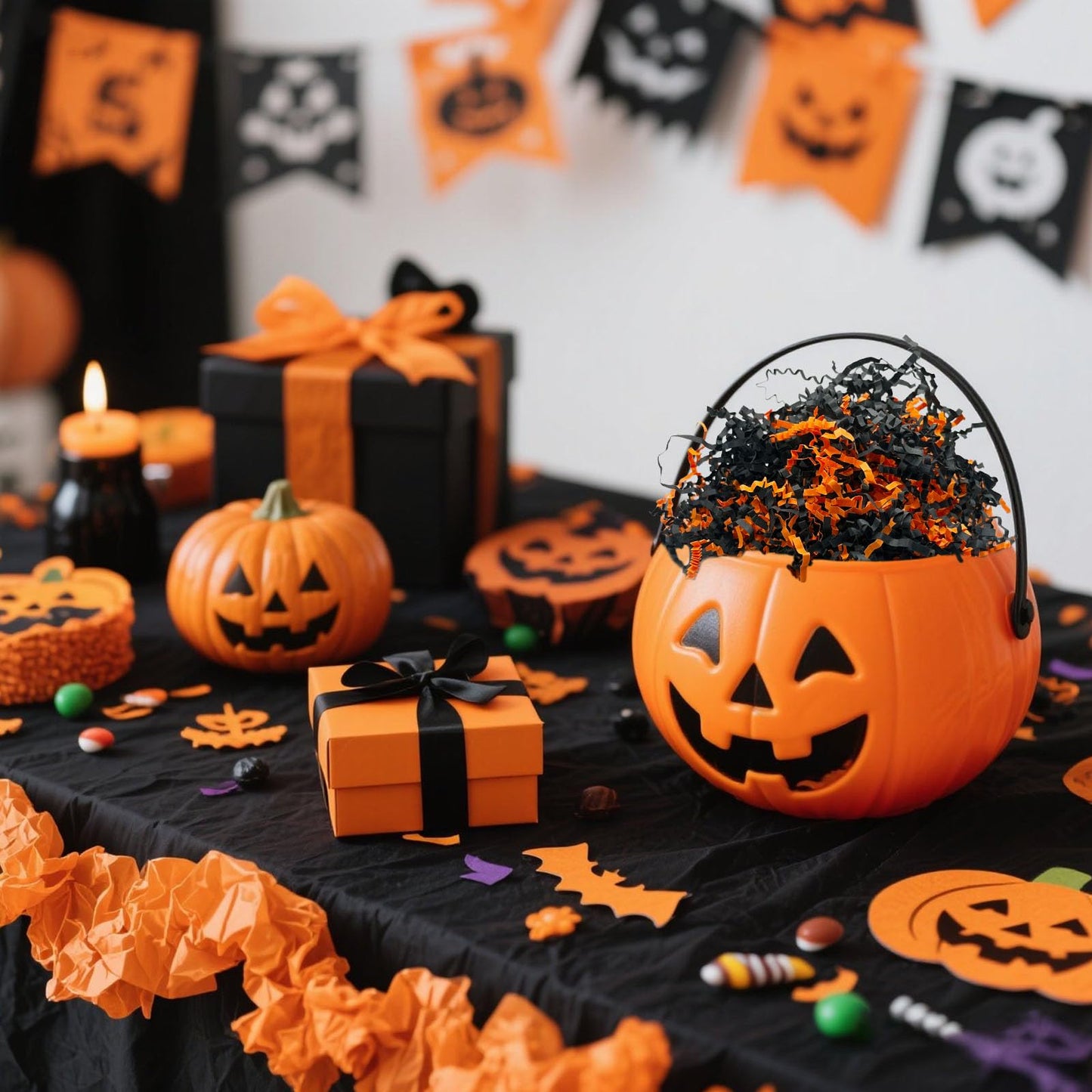 Tisspoms Halloween Crinkle Cut Paper Shred Filler, 1 LB Basket Filler Shredded Paper, Confetti Stuffing for Basket Filling, Birthdays, Weddings, DIY Gift Wrapping, Stuffer Party Supplies Black Orange