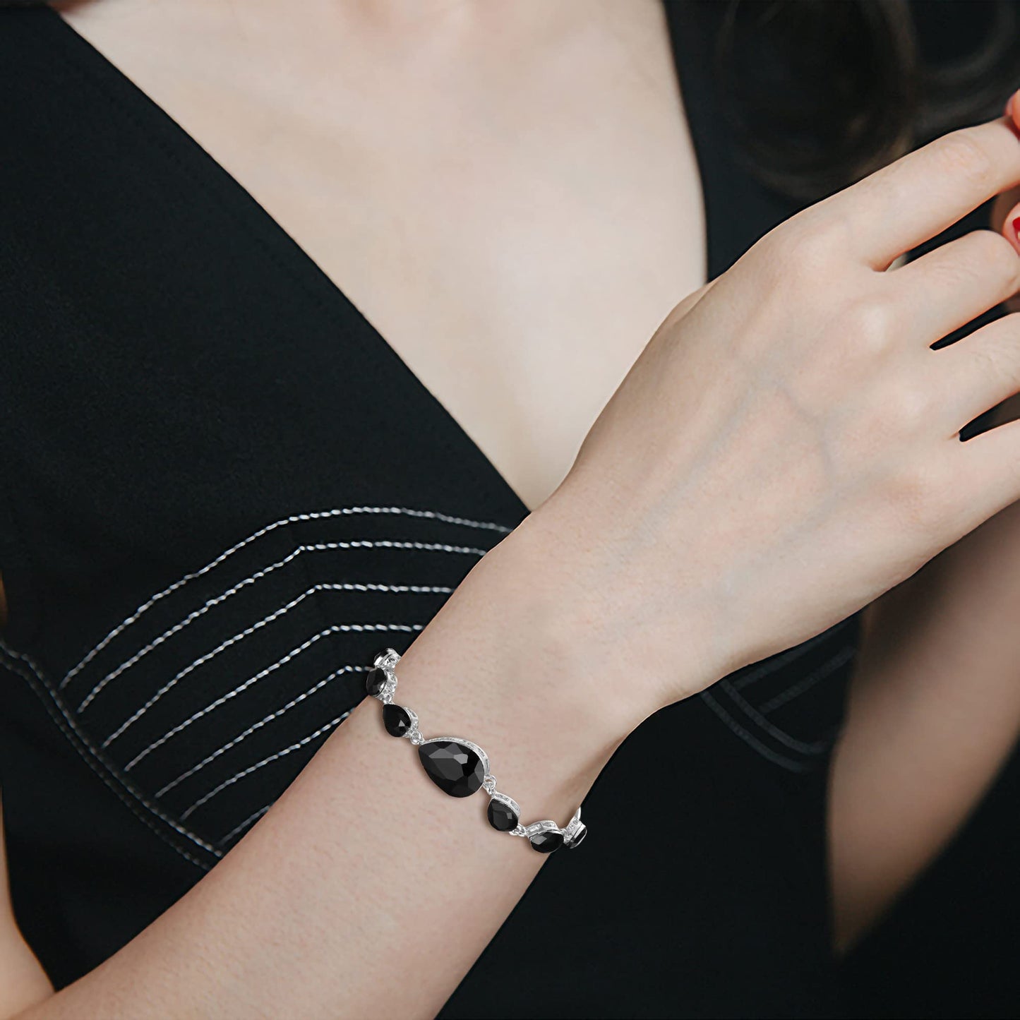 BriLove Wedding Bridal Bracelet for Women Shiny Bling Crystal Multi Teardrop for Party Prom Black Silver-Tone