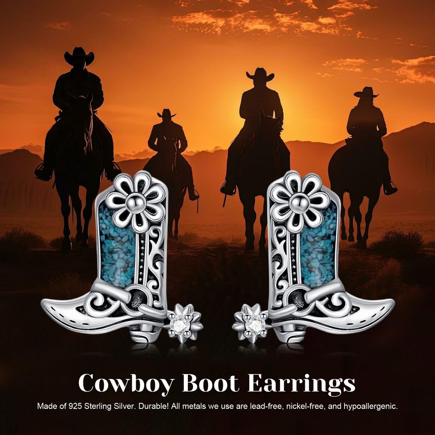KoyeKei Cowgirl Boot Earrings 925 Sterling Silver Cowboy Texas Boot Stud Earrings Western Turquoise Cowboy Carter Jewelry Country Graduation Gifts for Mom Women