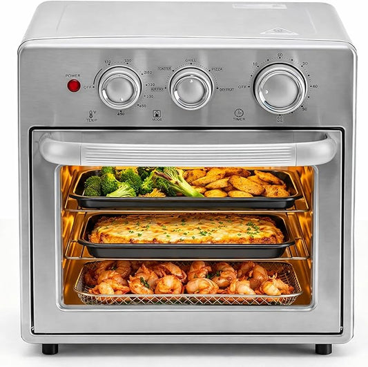 HealSmart 5-in-1 Stainless Steel Air Fryer Oven 16.9 Qt, Upto 450°Preset Airfryer with Visible Window and 4 accessories, Air Fry, Roast, Bake, Dehydrate, Fries, Silver