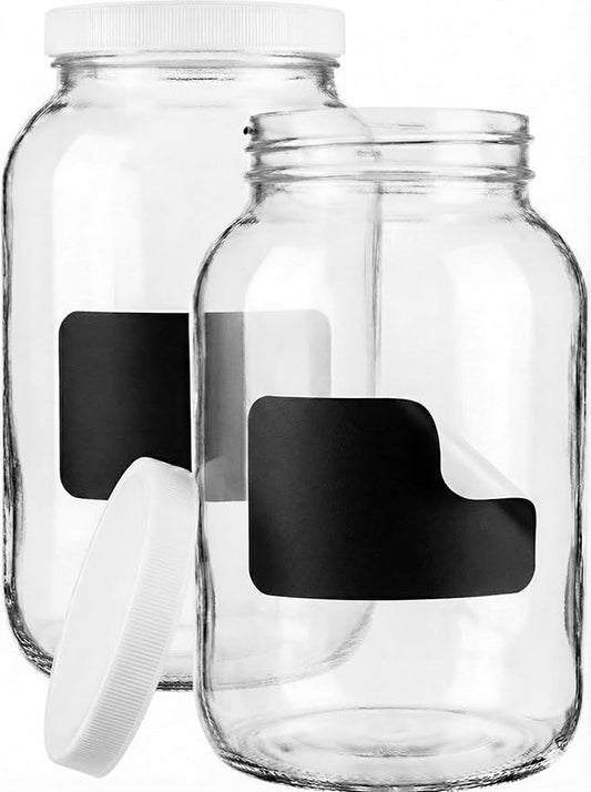 Sally's Organics Large 1 Gallon Glass Jars with Lids - Made in the USA - Wide Mouth BPA-Free Lid, Chalk Labels â Sun Tea, Fermenting, Kombucha, Pickling, and Cookie Storage Jar â USDA, Dishwasher Safe