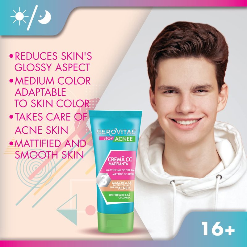 Gerovital STOP ACNE Mattifying CC Cream – Skin Perfecting Formula for an Even Complexion, Medium Shade, 30ml