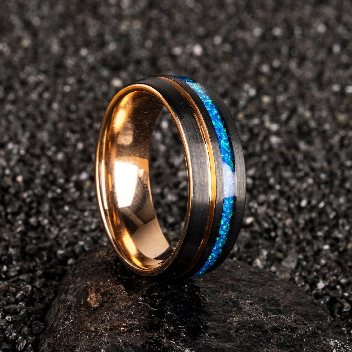 JEWPER 8mm Men Womens Wedding Band Tungsten Rings Black Blue rose gold Fashion Promise Carbide outer ring Inlaid Opal groove design Matte Finish Edge Comfort Fit Size(11)