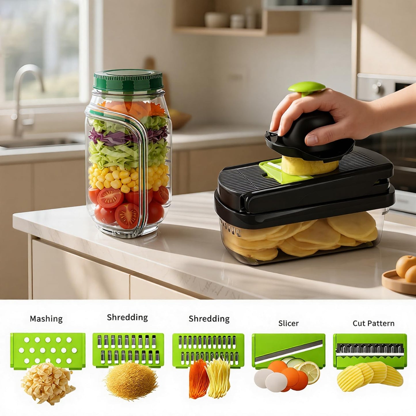 16-in-1 Vegetable Chopper with Container & Side-Opening Salad Jar – Perfect for Vegetable Salads at Lunch and Dinner.Chopper Set Functions as an Onion Chopper, Potato & Carrot Grater, and More.