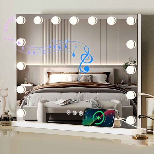 ZBOCAI Vanity Mirror with Lights and Bluetooth, 23"X18" Hollywood Mirror for Desk/Wall-Mount, 3 Color Modes Light up Mirror with 15 LED Bulbs USB Charging Port and 10X Magnification