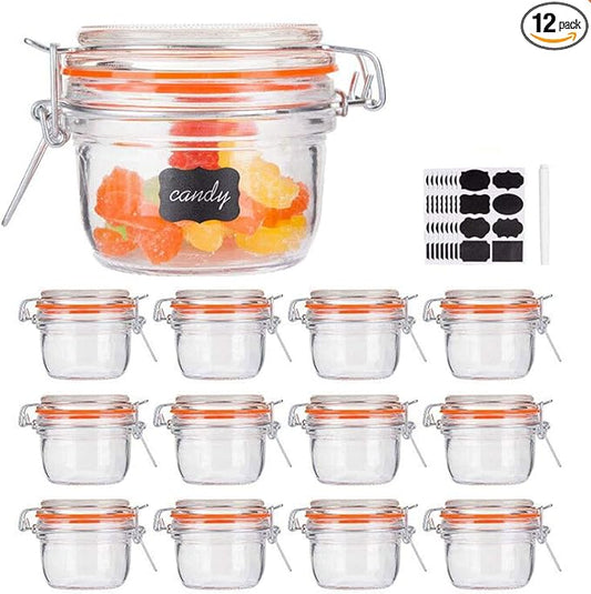 Small Glass Jars With Airtight Lids, Glass Spice Jar 5 oz,Maosn Jars With Leak Proof Rubber Gasket 150ml,Glass Storage Containers With Hinged Lid,Kitchen Canisters 12 Pack