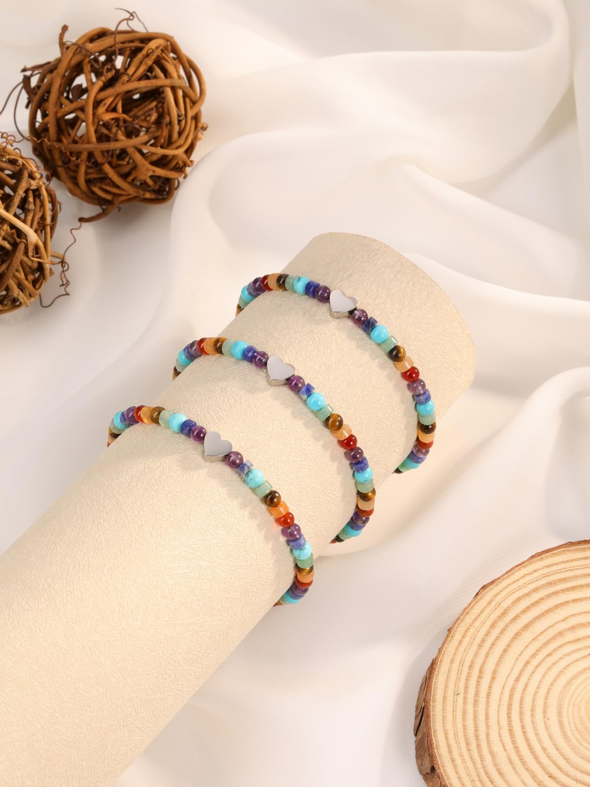 Top Plaza Chakra Bracelets for Women Heart Charm 4mm Natural Healing Gemstone Yoga Meditation Bracelet Handmade Beaded Spiritual Bracelet Adjustable Jewelry Mothers Day Gifts