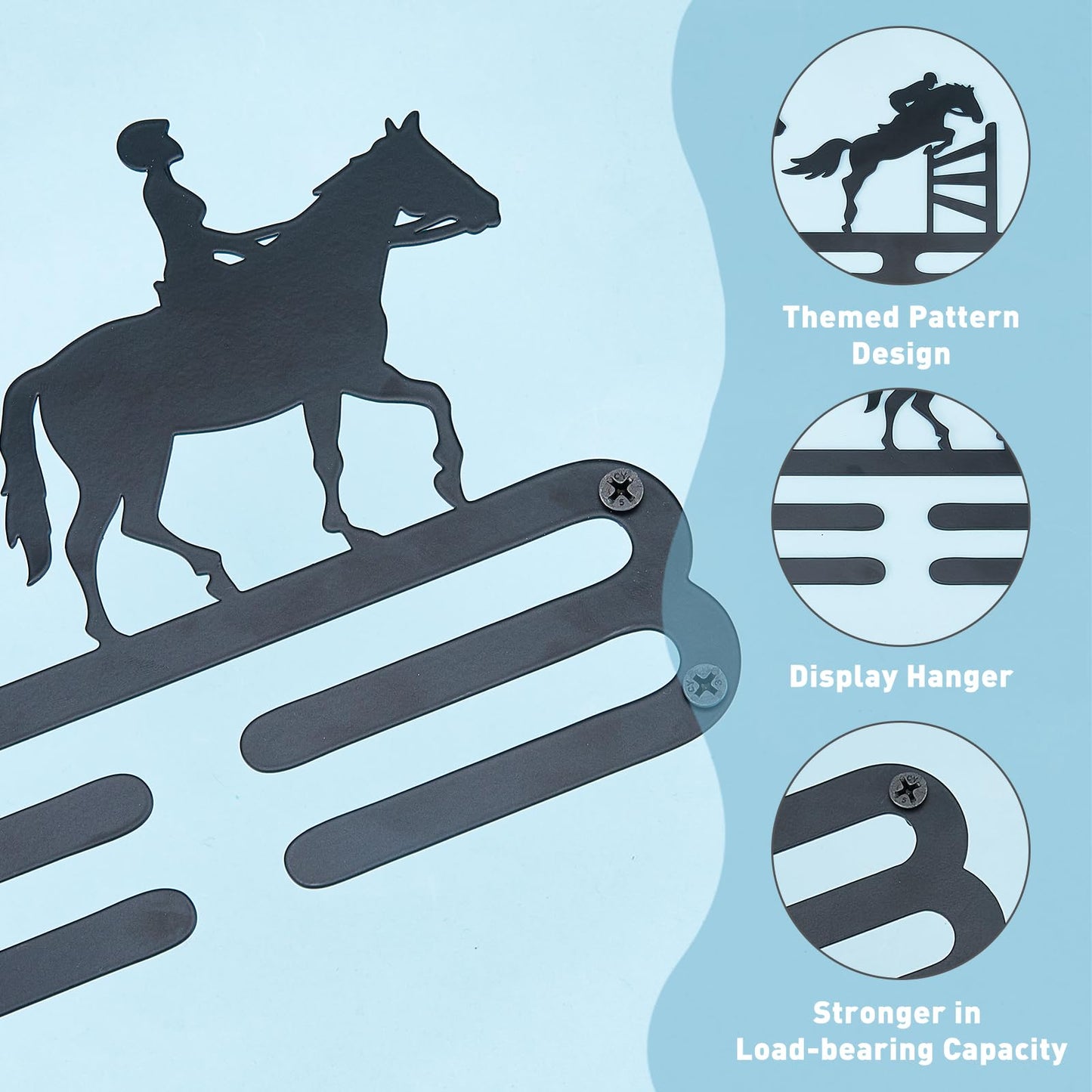 SUPERDANT Horsemanship Medal Hanger Equestrian Sports Medals Holder Personalised Award Ribbons Black Medal Metal Rack Wall Mount Hanging 2 Rows 8 Hangers Gifts for Athletes Kids 15.75x6in