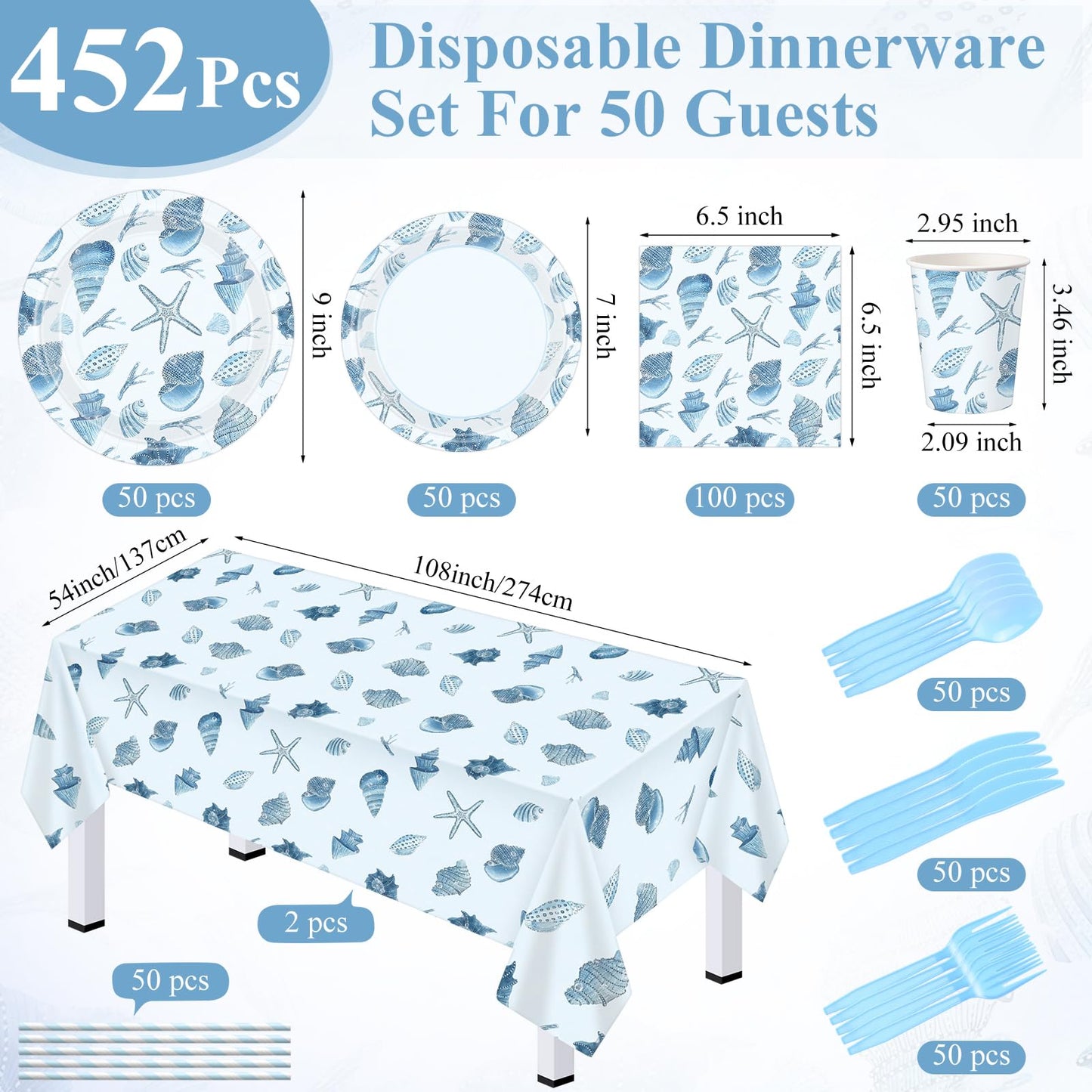LemonRoad 452 Pcs Ocean Beach Seashell Party Decoration for 50, Coastal Seashell Paper Plates Napkins Cup Tablecloth Cutlery Straw Under The Sea Tableware for Summer Birthday Bachelorette Party Supply