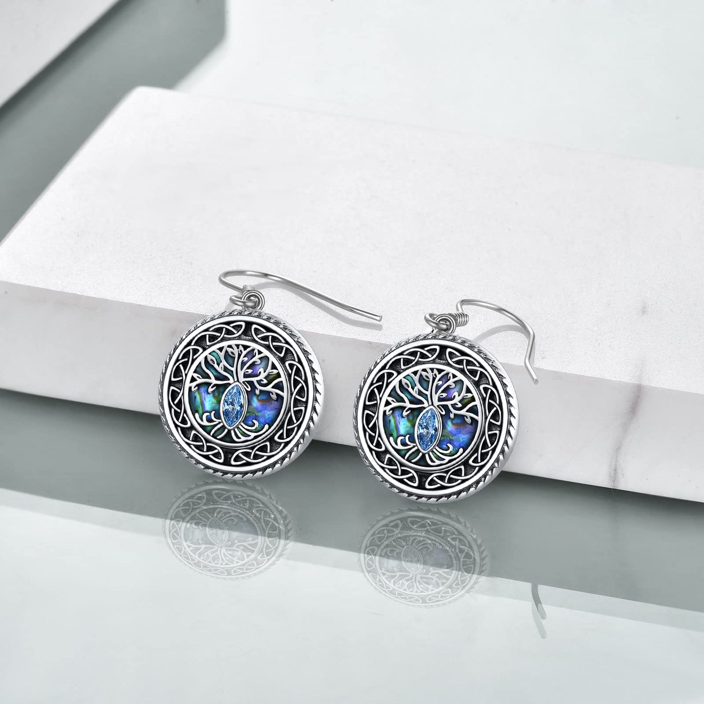POPLYKE Tree of Life Earrings 925 Sterling Silver Leverback Earrings for Women Celtic Jewelry Abalone Earrings Dangle Tree of Life Jewelry