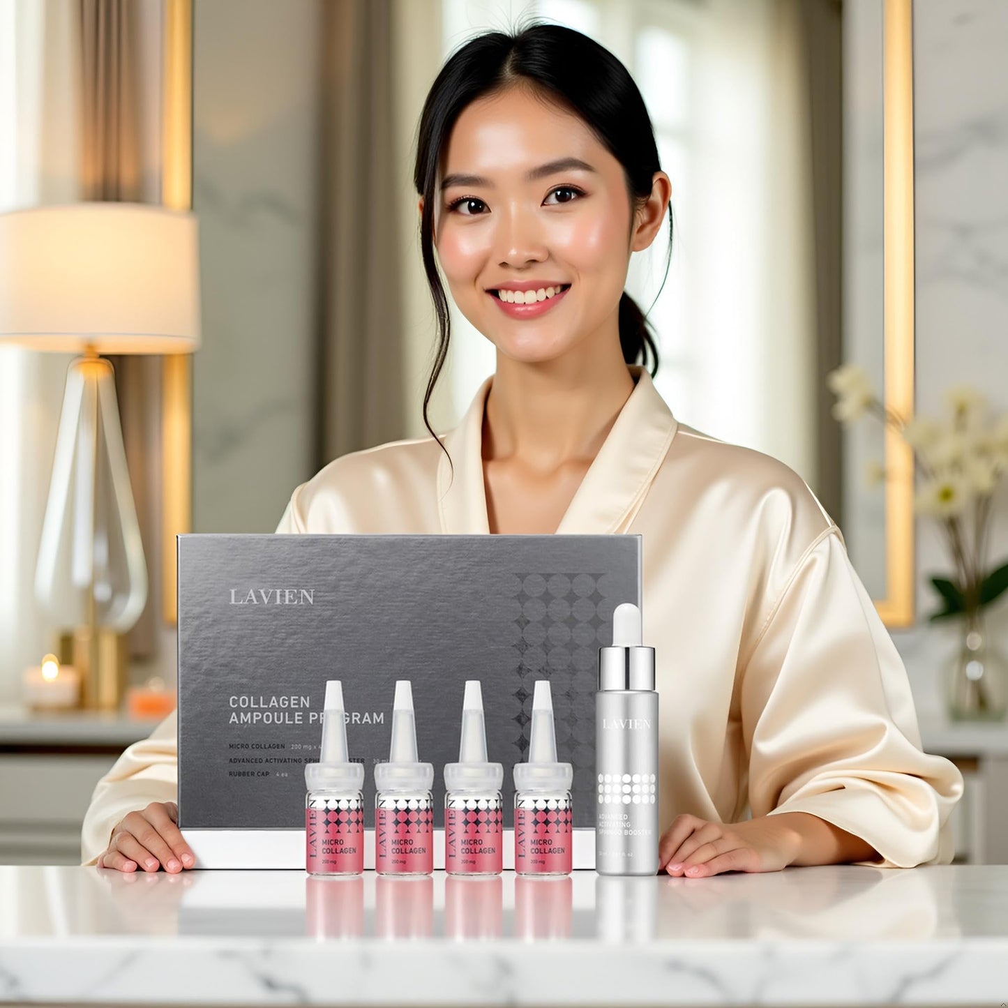 Lavien Collagen Ampoule Program (Pink) - Skin Elasticity, Low Molecule Collagen, Skin Aging Improvement, All Skin Types - 30 ml Buster Bottle, 4-200 mg Collagen with Dropper
