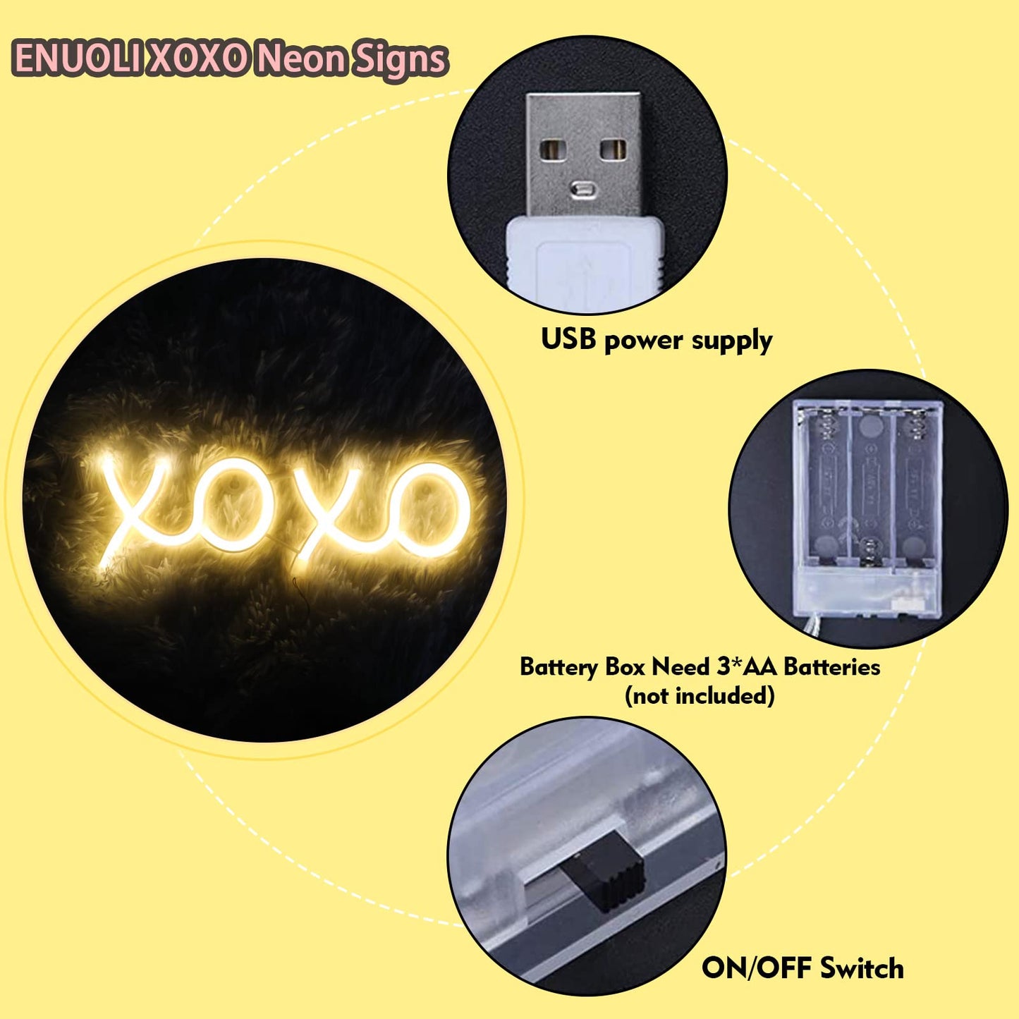 ENUOLI LED Neon Signs,11.8"x3.9" Sign Light USB/Battery Operated Wall Hanging Sign Lover Hug Wall Art for Bedroom,Kids Room,Valentine's Gift,Home Decor,6.56ft Cord - XOXO- Warm White