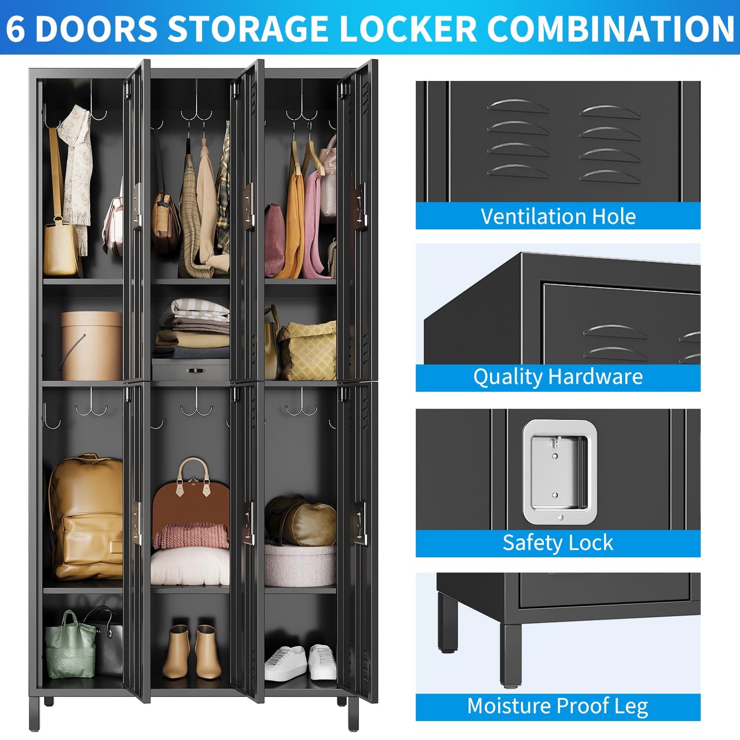 PioneerWorks 6-Door Metal Storage Locker with 18 Hooks, Heavy Duty Steel Locker for Gym, School, Office, Garage, Employee Locker Room, Home Organization, Black, Assembly Required