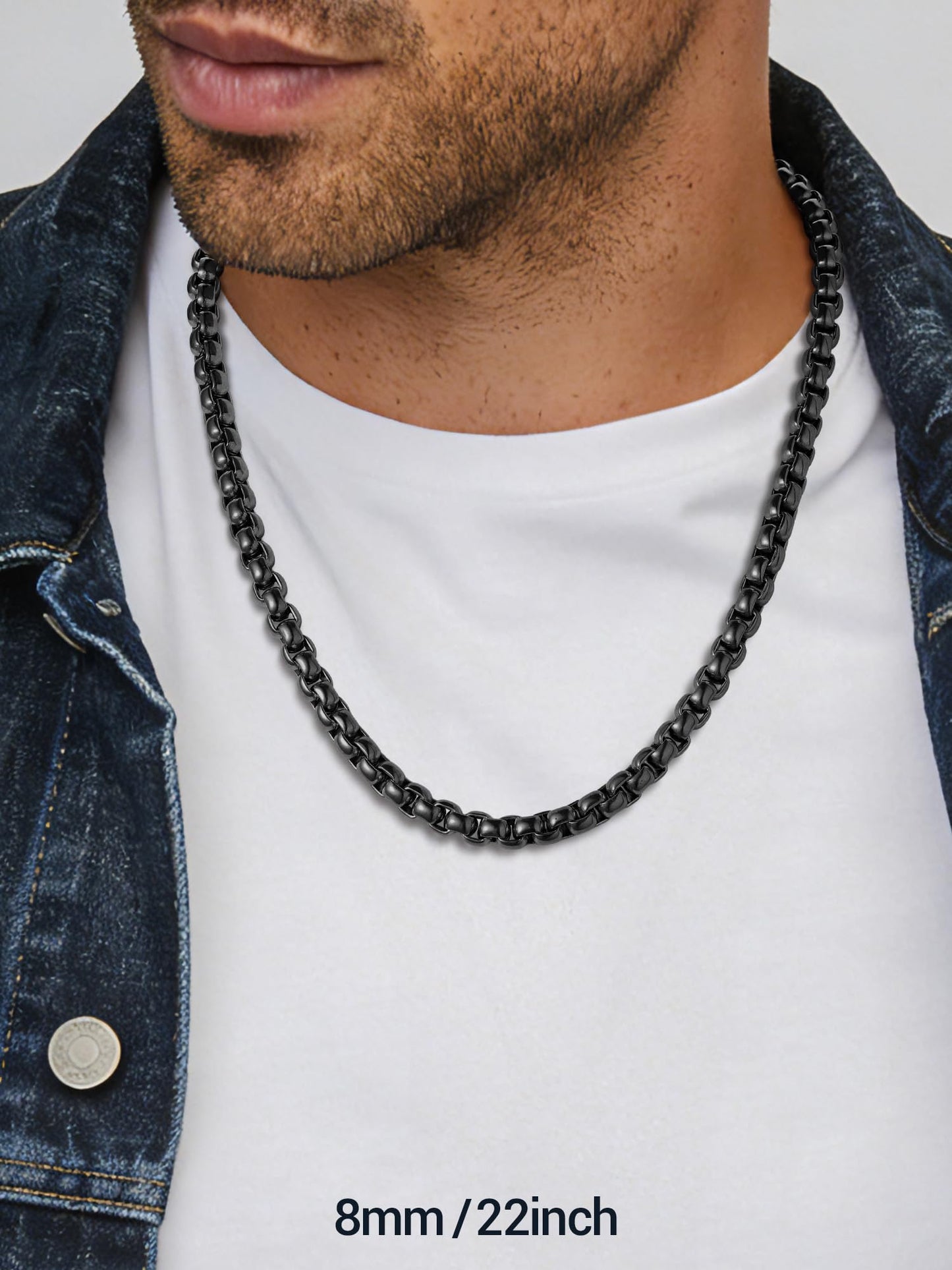 PROSTEEL Mens Chain Necklace, Squre Rolo Link Chains Black Chunky Stainless Steel Necklace 8mm Waterproof & Durable Men and Women Jewelry with Gift Box 18in