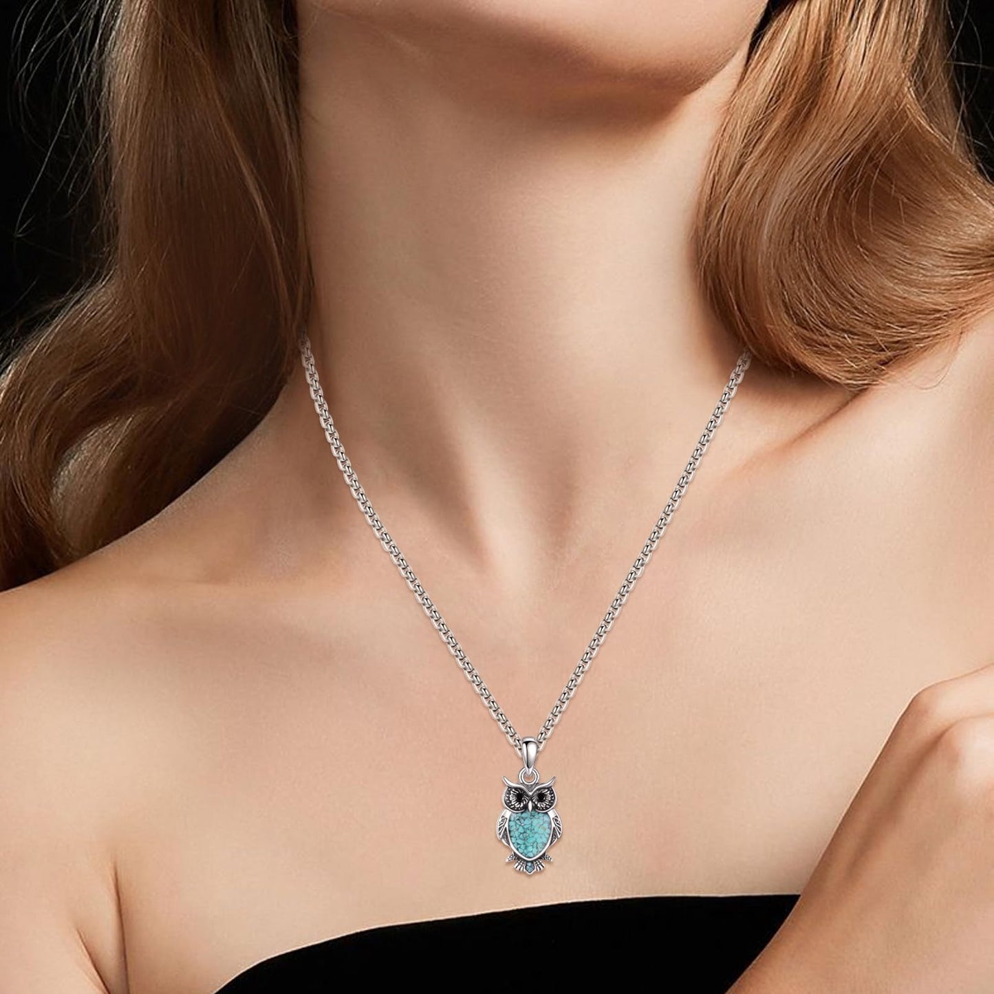 HKPATOP Owl Necklace 925 Sterling Silver Turquoise Owl Pendant Jewellery Gifts for Women Animal Lovers