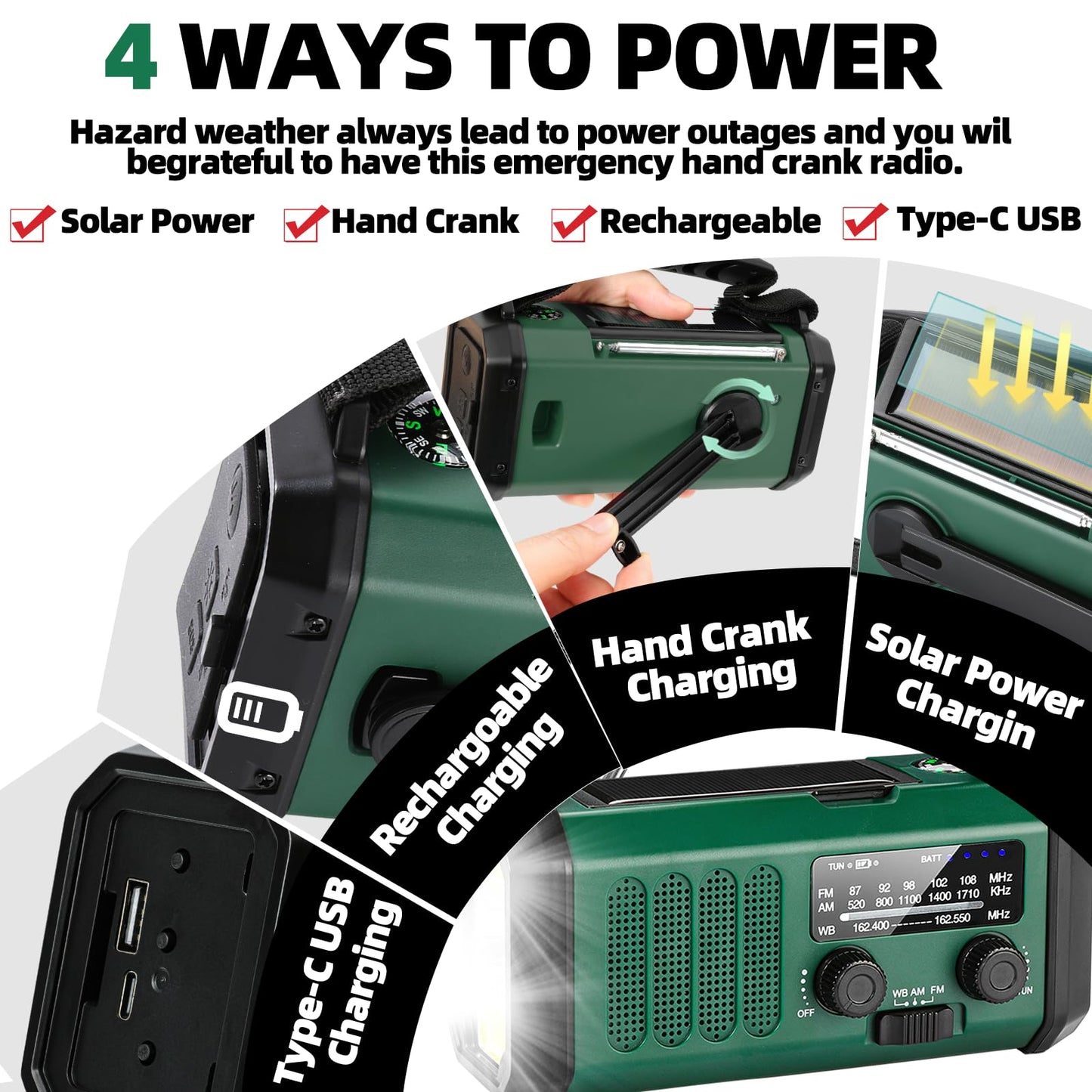 QAUYYW Hand Crank Emergency Radio,37000mWhSolar Powered Hand Crank Portable NOAA AM FM Weather Radio with 3Mode Flashlight and Reading Light,Cell Phone Charger,Home and Emergency Distress Signa