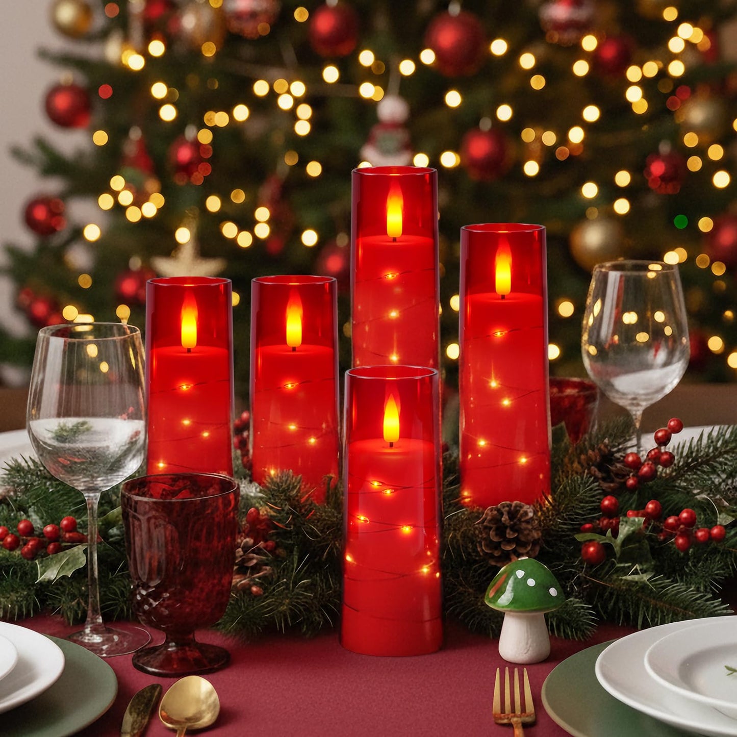 Raycare Flameless Candle with Remote Timer – 5 Flickering Acrylic Battery Operated LED Pillar Candles with Embedded Star String for Halloween, Home Decor, and as a Gift(Red)