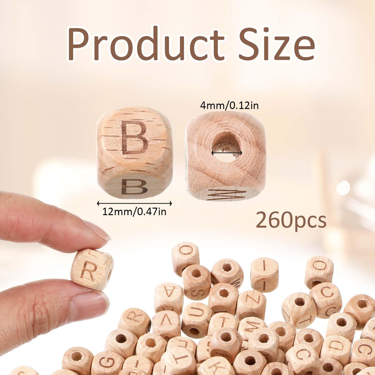 260pcs Wood Letter Beads for Bracelets 12mm Natural Square Wooden Beads A-Z Sorted Wooden Loose Letter Bead Cube Bead Bulk for Jewelry Bracelet Making