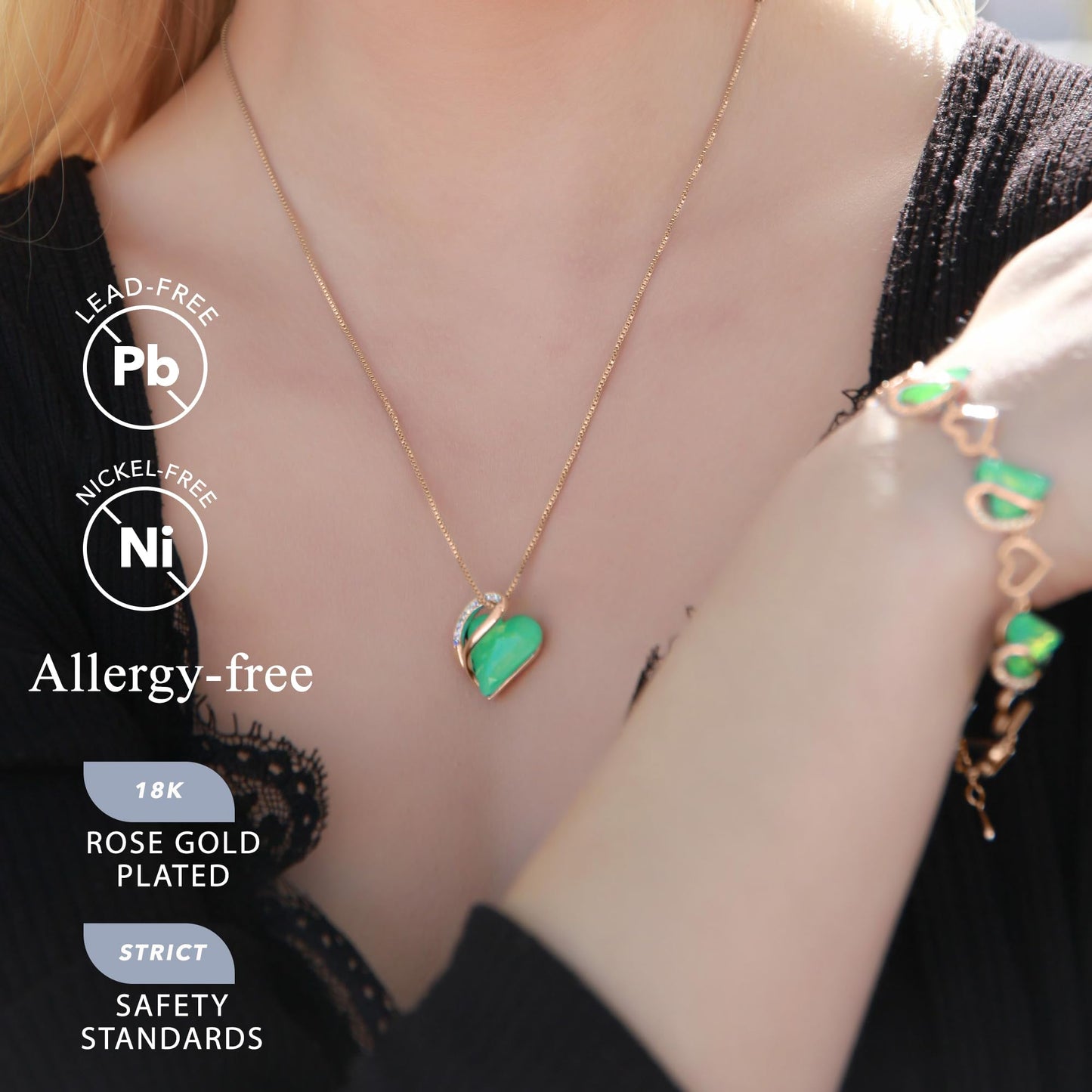 Leafael Gifts for Women Rose Gold Plated Necklaces: Heart Shaped Jade Green Healing Crystal, Cubic Zirconia, Hypoallergenic Chain (18"+2"), Jewelry for Anniversaries and Birthdays