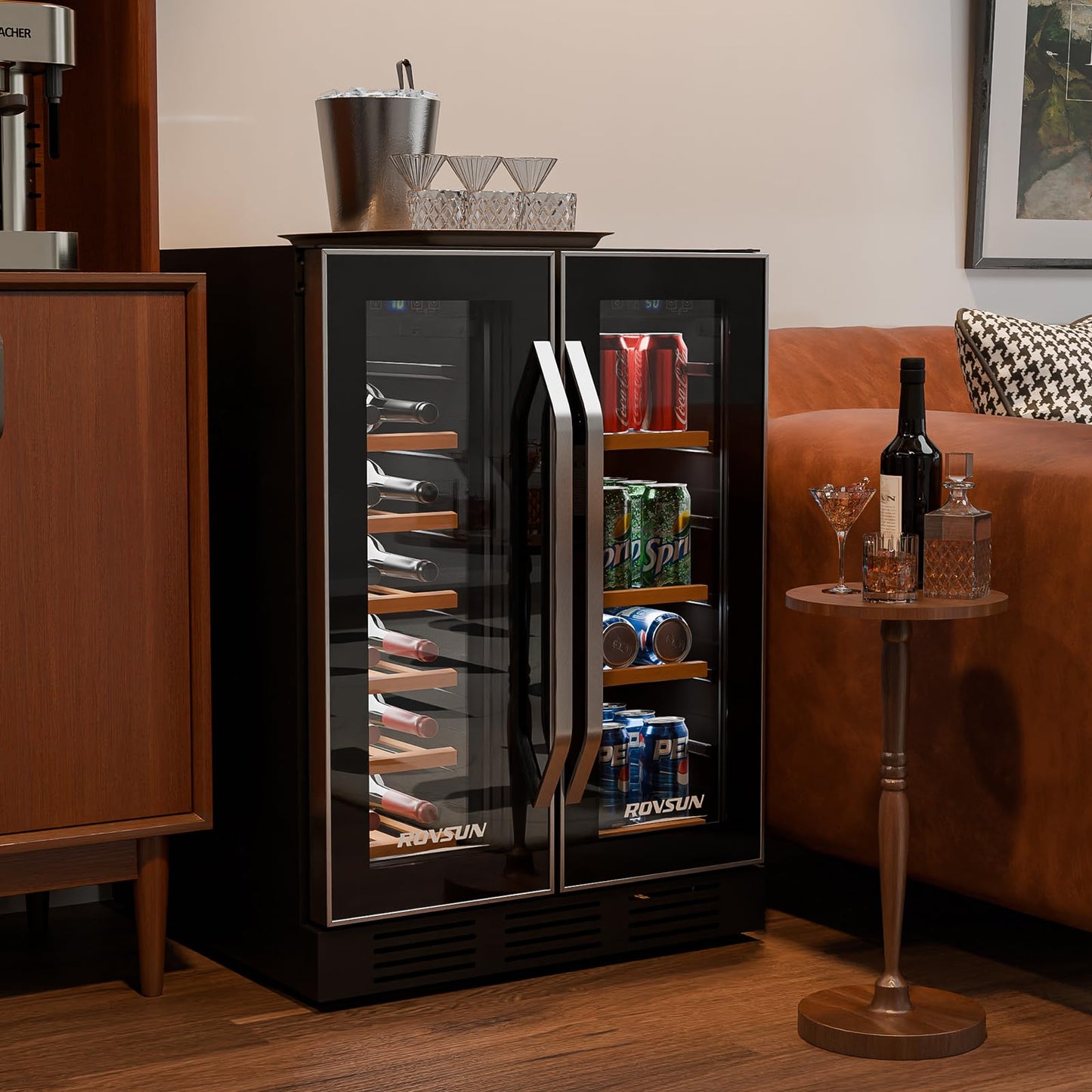 ROVSUN 24 Inch Dual Zone Wine and Beverage Refrigerator, Wine Fridge with Glass Door, Digital Temp Control, 34 Bottle Under Counter Beverage Fridge w/Large Capacity, Wine Cooler Chiller for Wine Beer