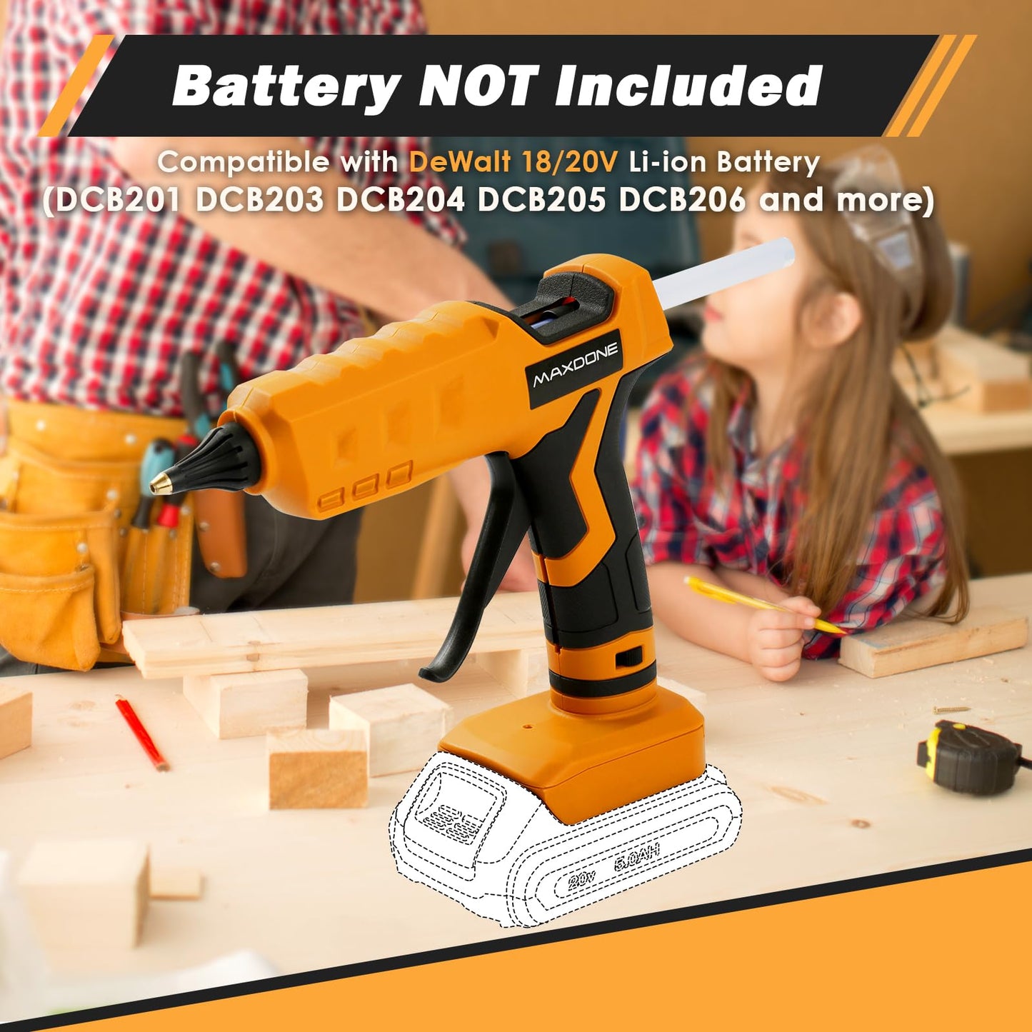 100W Cordless Hot Glue Gun for DeWalt 20V MAX Battery (Tool Only) Wireless Power Glue Gun Full Size with 12pcs Glue Sticks(0.43")(11mm) for Art DIY Craft Home Repair School(Battery Not Included)