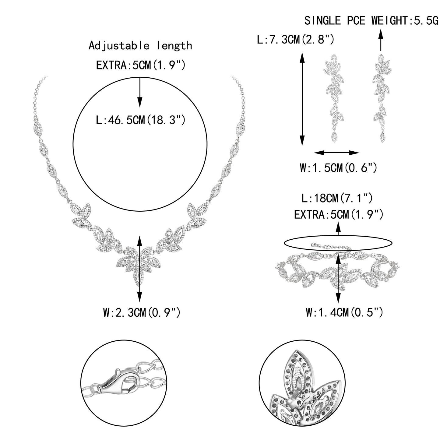 EVER FAITH Cubic Zirconia Bridal Jewelry Set for Bride Bridesmaid, Elegant Marquise Leaf Necklace Dangle Earrings Bracelet Sets for Woman Clear