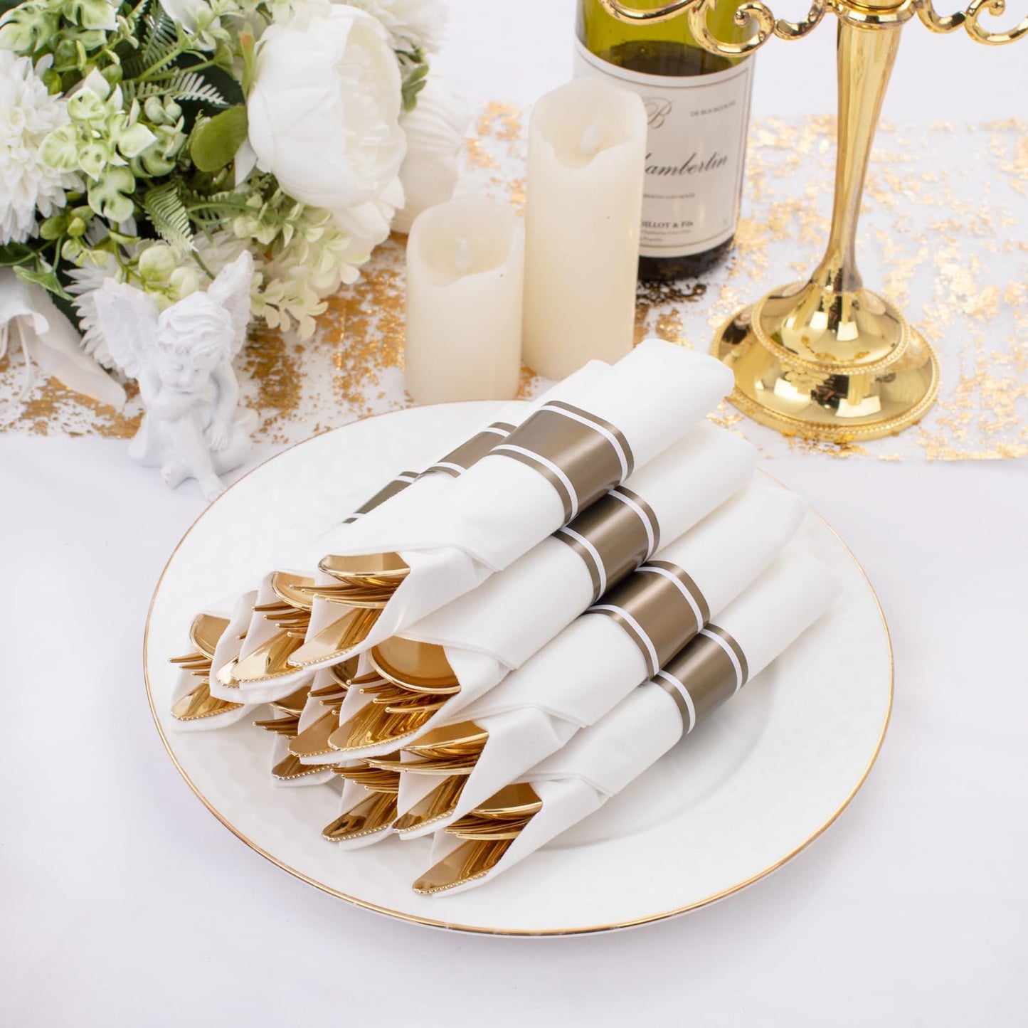 Supernal 120Pack Gold Plastic Silverware Wrapped Plastic Cutlery Set with Napkin,Pre Rolled Napkins with Cutlery Set,Rolled Silverware Disposable For Halloween Thanksgiving Christmas