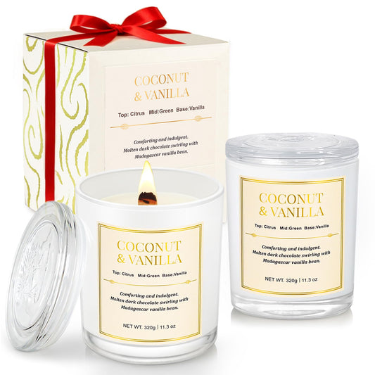 2 Pack Wood Wick Coconut & Vanilla Candle Gift Set – Long Lasting Soy Wax Candles with Gift Boxes, Holiday Aromatherapy Candles for Home Decor & Holiday Gifts