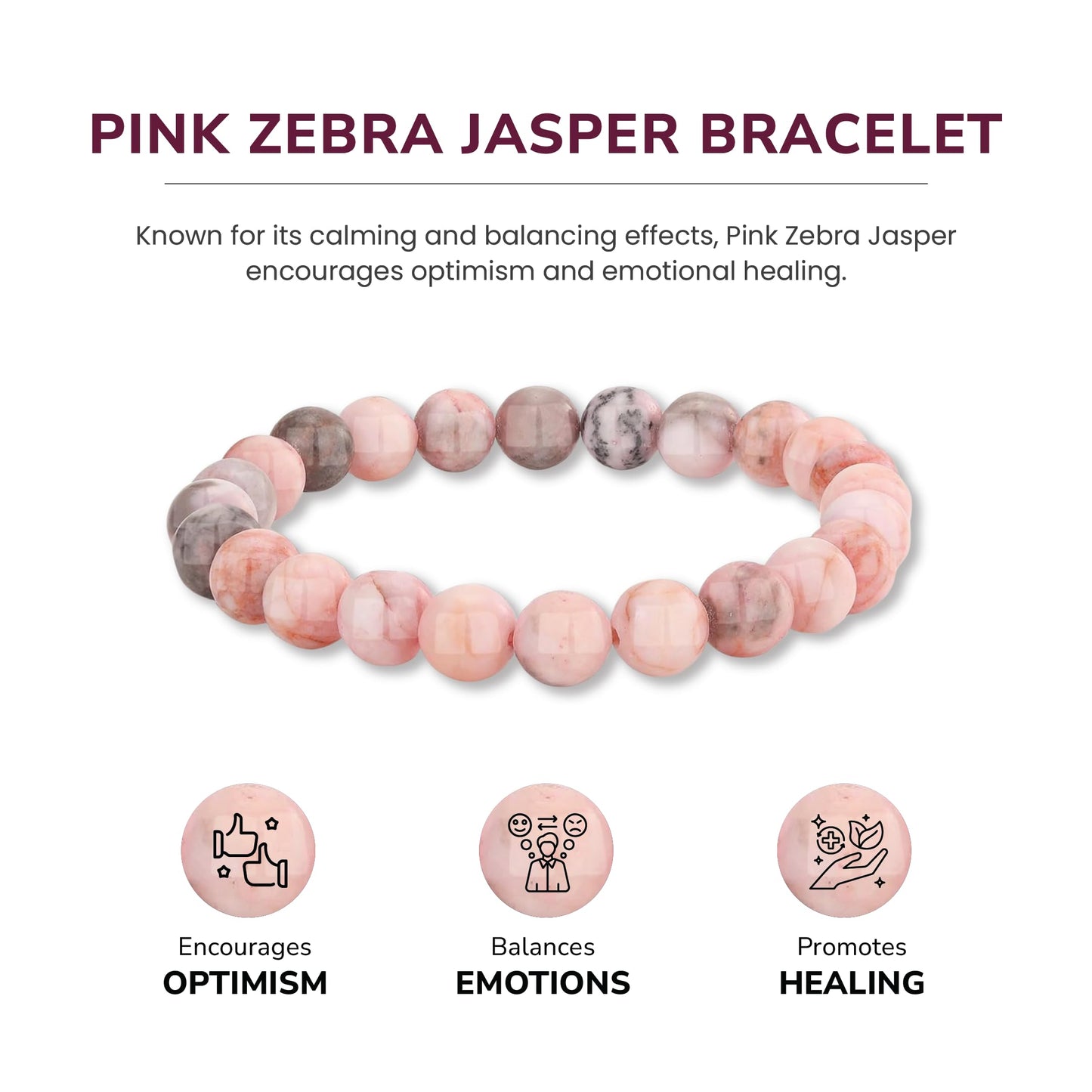Crystal Vibe Pink Zebra Jasper Bracelet for Balance and Harmony - 8mm Beaded Bracelet for Women Men - Healing Crystal Bracelet - Elastic Adjustable Size