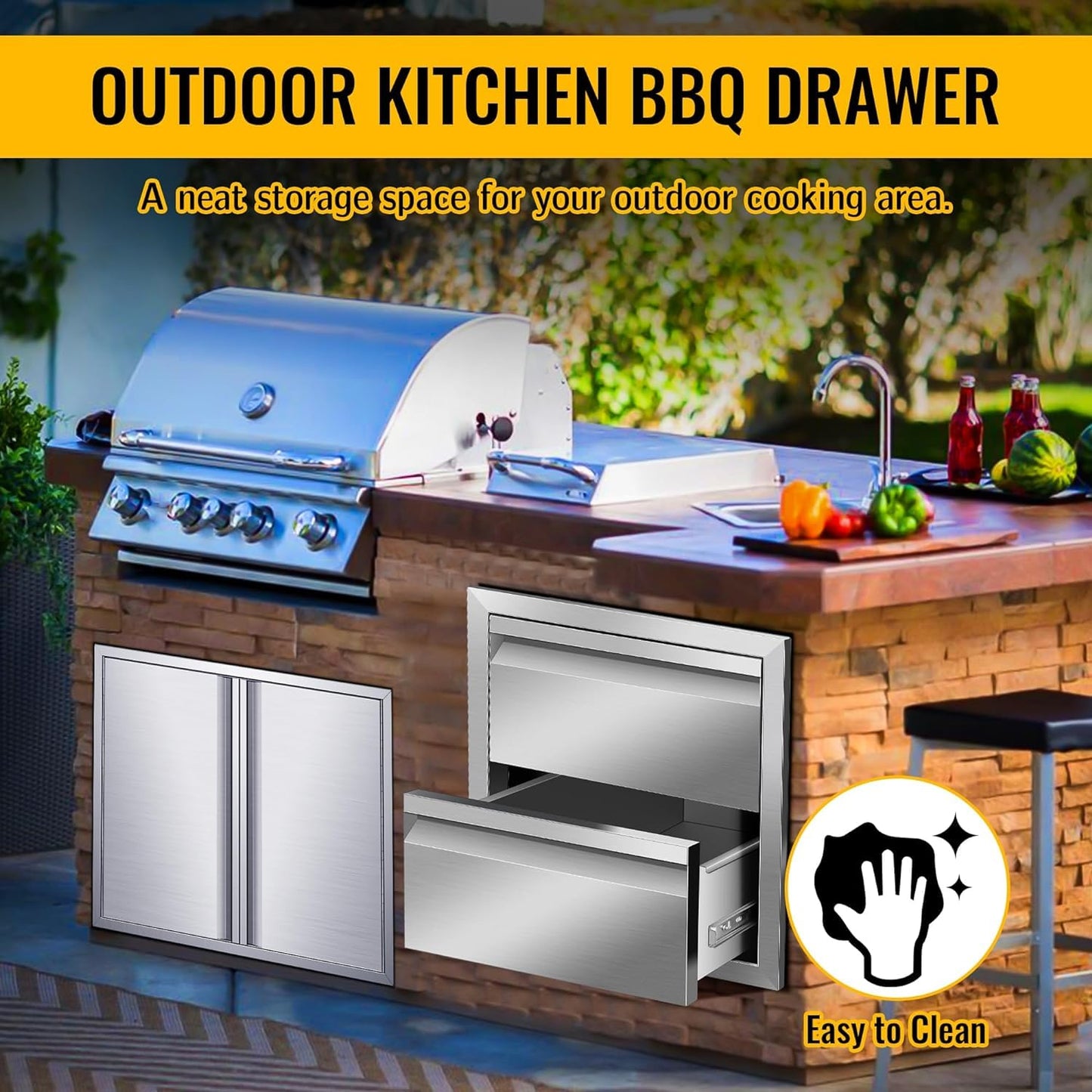Outdoor Kitchen Drawers 18" W x 15" H x 23" D Inch Stainless Steel Flush Mount BBQ Double Drawers for Outdoor Kitchen Island, or Patio Grill Station