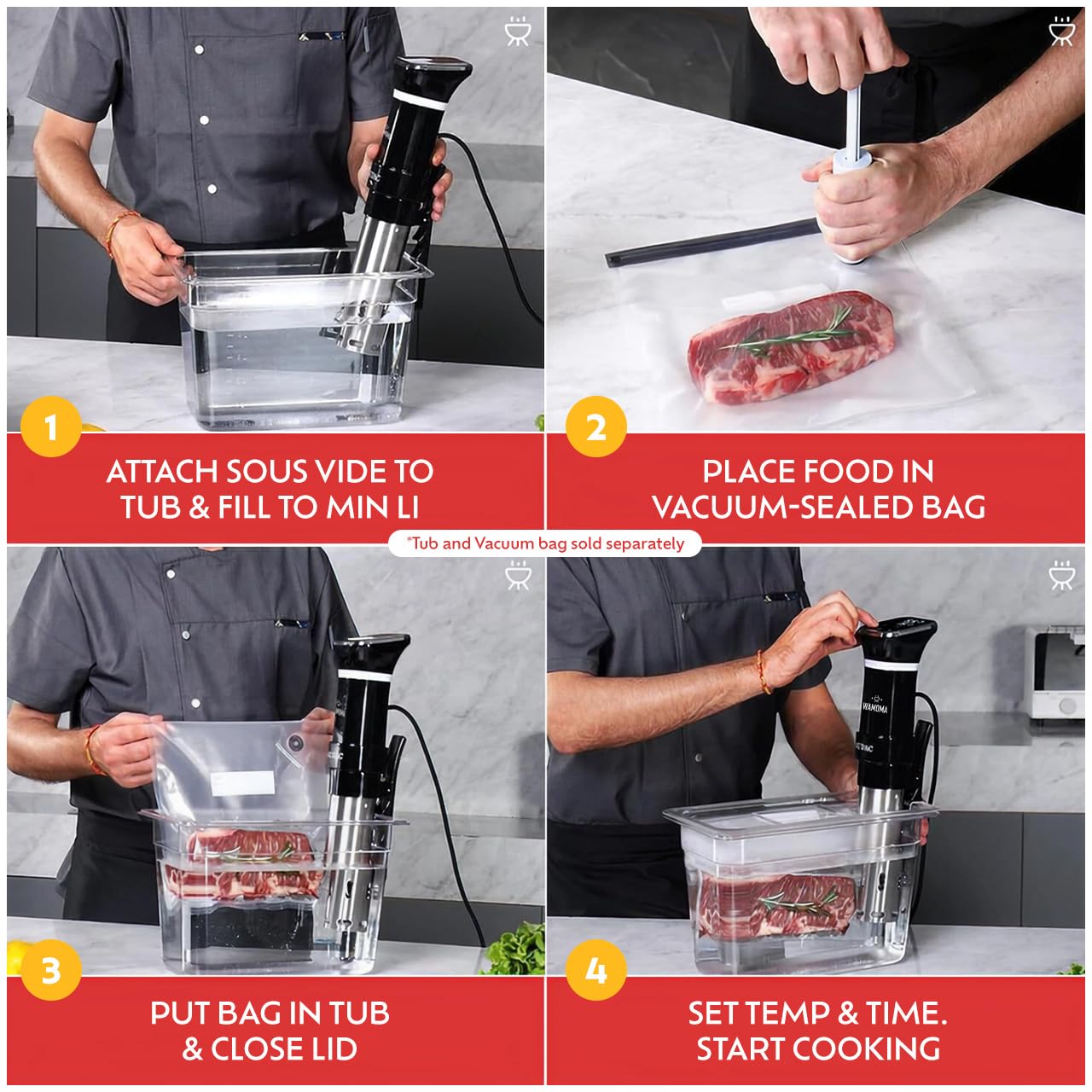Wamoma Sous Vide - Precision Cooker with Immersion Circulator & Free Cookbook, 1100W Ultra-Quiet Motor, IPX7 Waterproof, Smart Chip Technology, Perfectly Cooked Meals, Universal Clip Design
