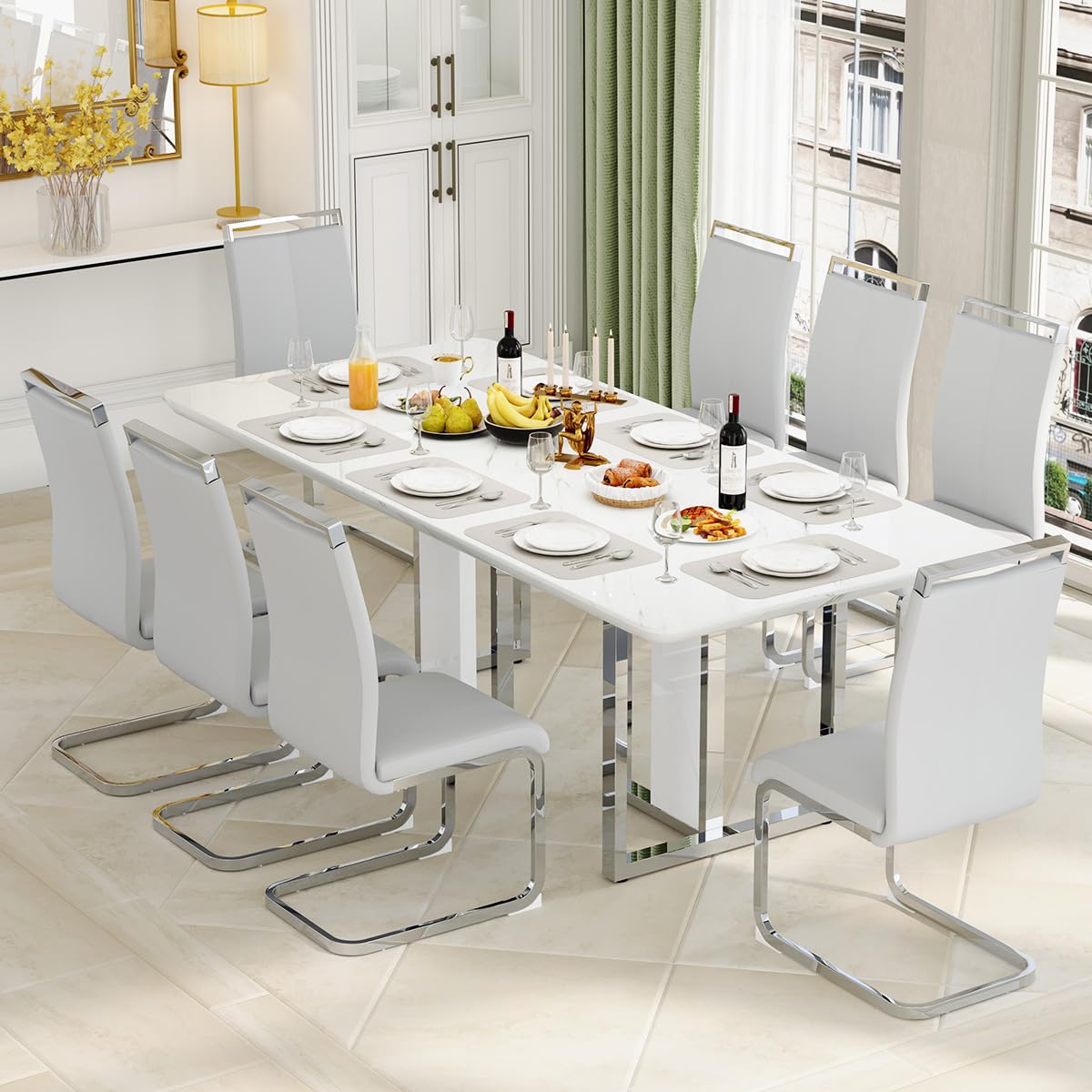 MEMUY 79" Modern Dining Table Set for 8,White Dining Room Table with 8 Light Grey PU Chairs, Modern Rectangular Kitchen Table and Chairs Set of 8 with Silver Base