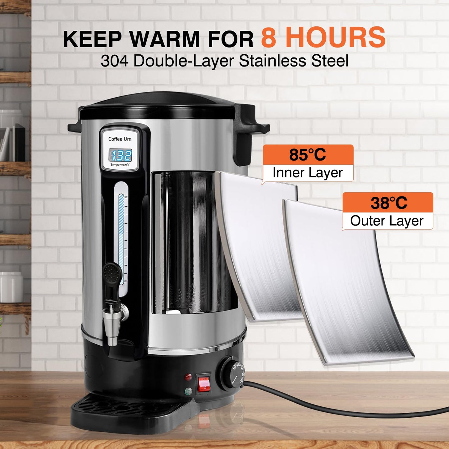 alelarocr 50-Cup Commercial Coffee Urn - Stainless Steel Double-Wall Coffee Maker with Percolator & Keep-Warm Function - Ideal for Events, Offices, Parties, and Catering (50 Cups - Double Layer)