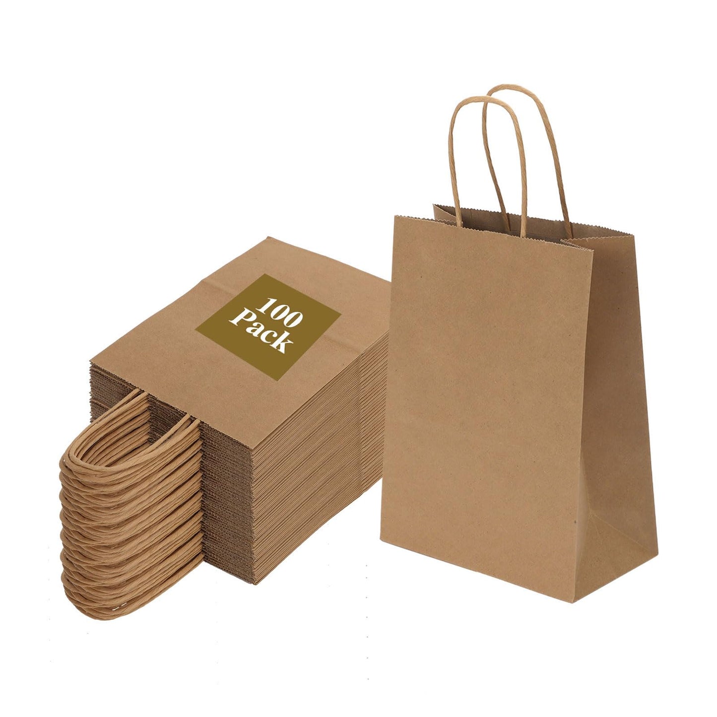 Joybe 100 Pack 5.95x3.25x8 Inch Small Brown Paper Bags with Handles Bulk, Kraft Paper Gift Bags for Birthday Party Favors Grocery Retail Shopping Business Goody Craft Sacks (Plain Natural, 100pcs)