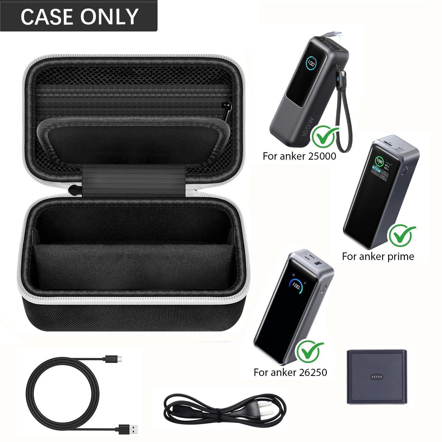 Case Compatible with Anker Prime Power Bank 25000, 26250, 27650, 20100mAh & 100W Charging Base, Storage Travel Holder for Anker Laptop 737 Portable Chargers Prime USB C Cable, Adapter (Box Only)-Black