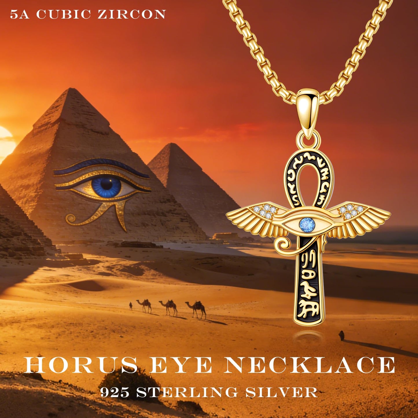 YEESIA Cross Necklace for Men Women, 925 Sterling Silver, Gold Anka Cross Pendant Necklace Evil Eye Pendant with Moonstone, Egyptian Protective Jewelry Gift for Men Women