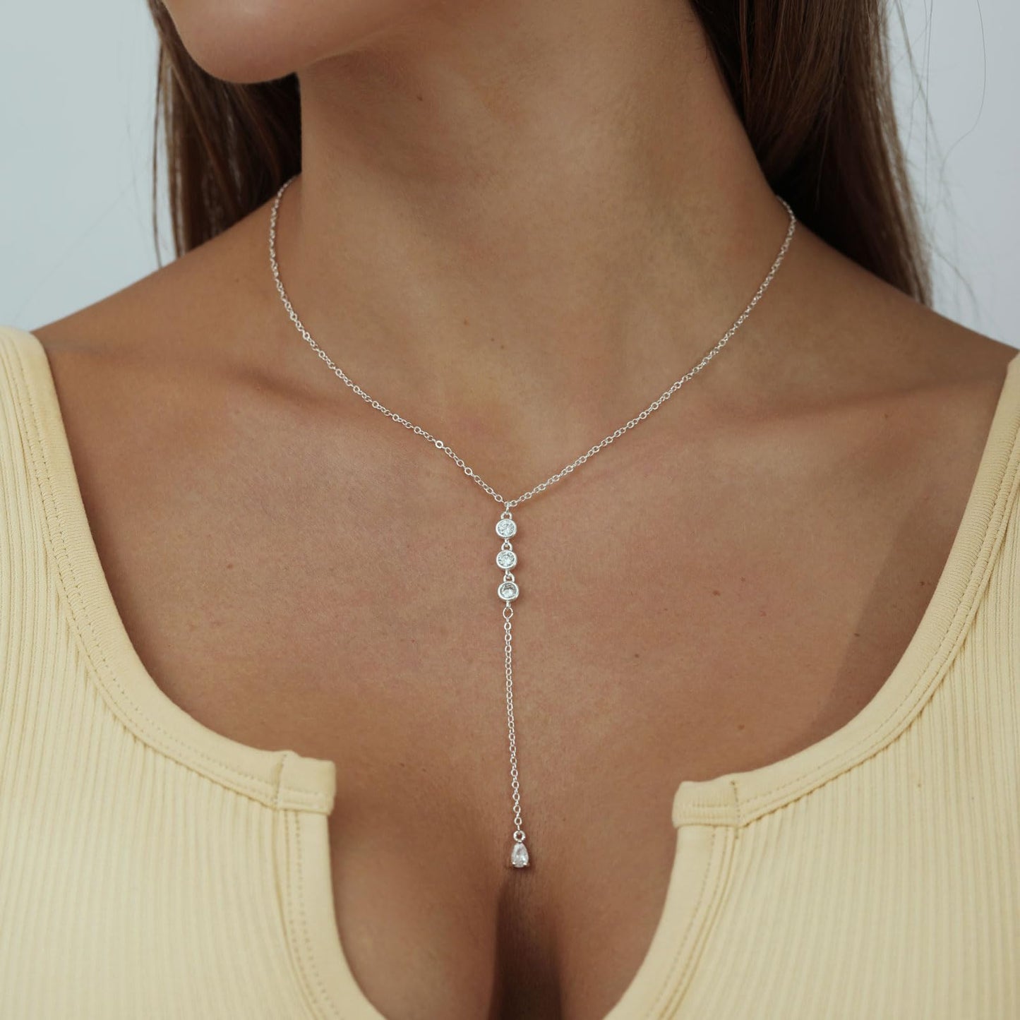 Sewyer Silver Y Necklace for Women 14K Gold Plated Y-Shaped Drop Necklaces CZ Long Necklace Cubic Zirconia Pendant Layered Long Lariat Necklace Women Jewelry