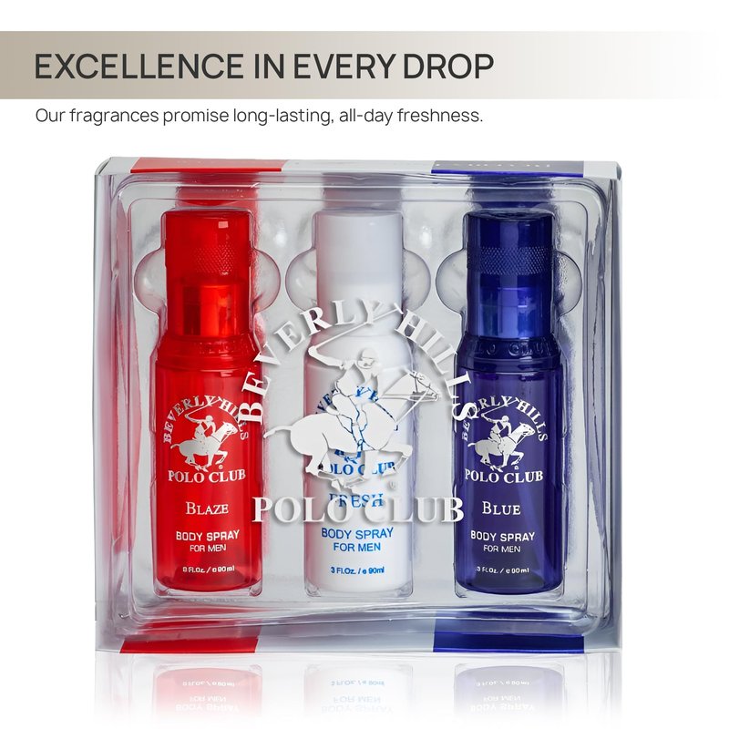 Beverly Hills Polo Club Men's Body Spray Collection - 3 x 3oz Designer Cologne Gift Set for Everyday Freshness & Travel