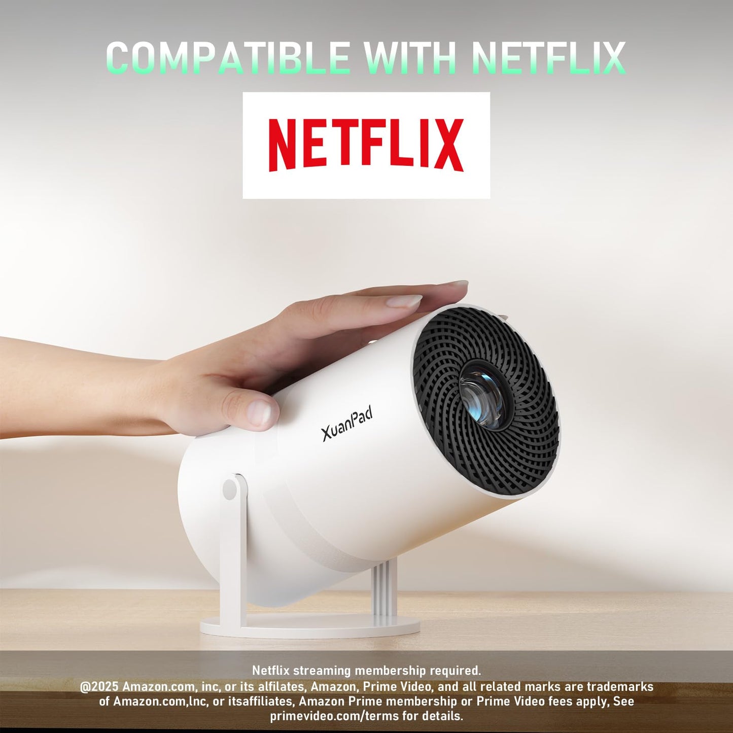 [Officially-Licensed App & Electric Focus]Snow White Smart Mini Projector with WiFi and Bluetooth, XuanPad 4K Support Movie Projector, Portable Native 1080P Outdoor Projector with 360° Stand
