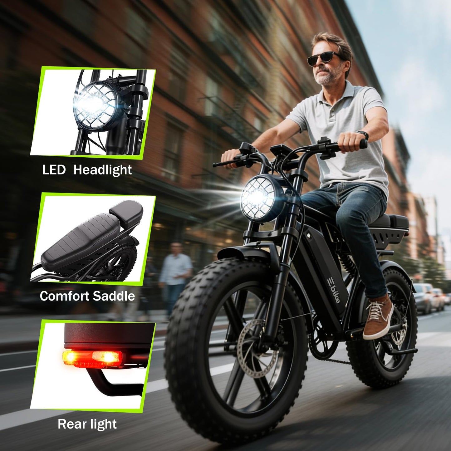 TST Electric Bike for Adults, 1500W Peak Motor Ebike with 48V 15Ah Battery, 60 Miles Range 28 MPH Electric Bicycle, 20" All-Terrain Fat Tire E Bike with Rear Seat 7 Speeds Black