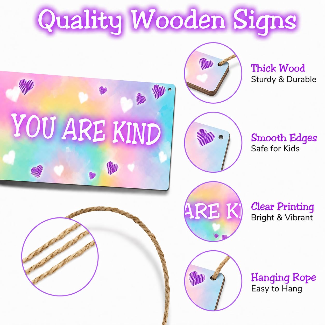 4 Pieces Tie Dye Kids Room Wall Decor Wooden Signs, Motivational Wall Art for Girls Bedroom, Nursery, Playroom, Classroom Decor, You Are Loved Brave Kind Smart(Sign-04)