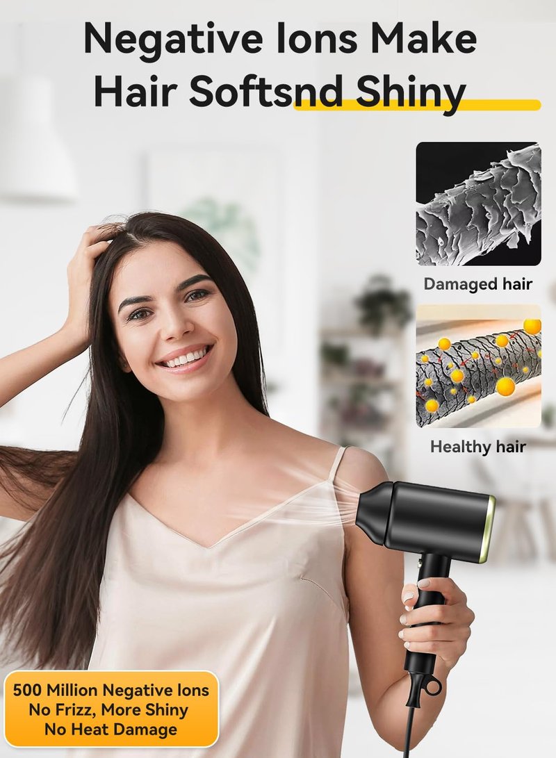 Hair Dryer, 150000RPM Ionic Blow Dryer - Fast Drying, Low Noise, Foldable Portable with Diffuser and Nozzle, Compact Mini for Women and Men, Home and Travel （Black）