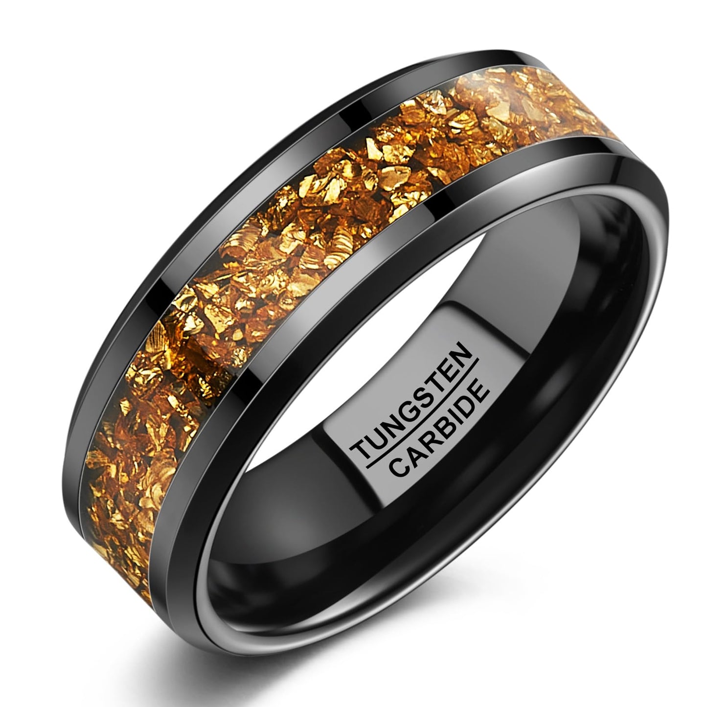 NUNCAD Men's Tungsten Rings 8mm Black Wedding Band Inlaid with Citrine Center Polished Domed Comfort Fit Size 11
