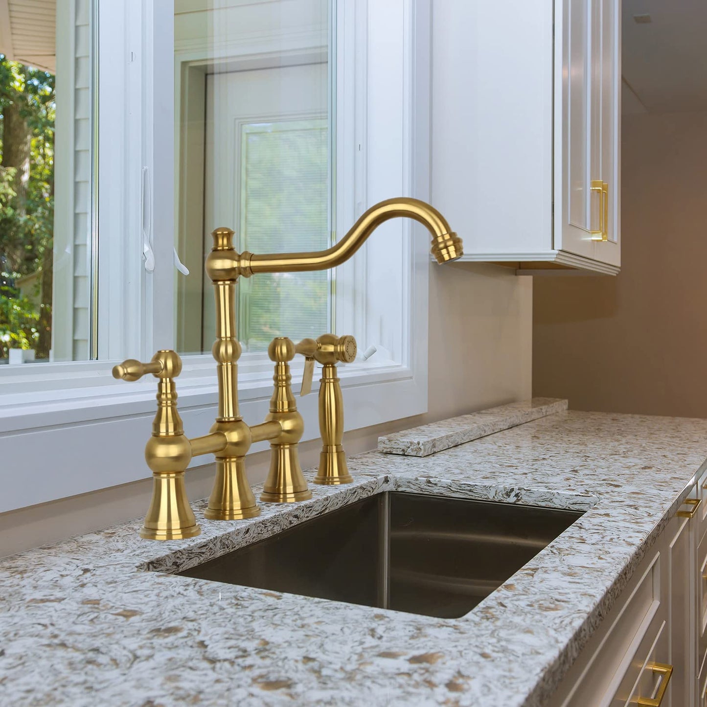 Akicon Two-Handles Bridge Kitchen Faucet with Side Sprayer (Brushed Gold)