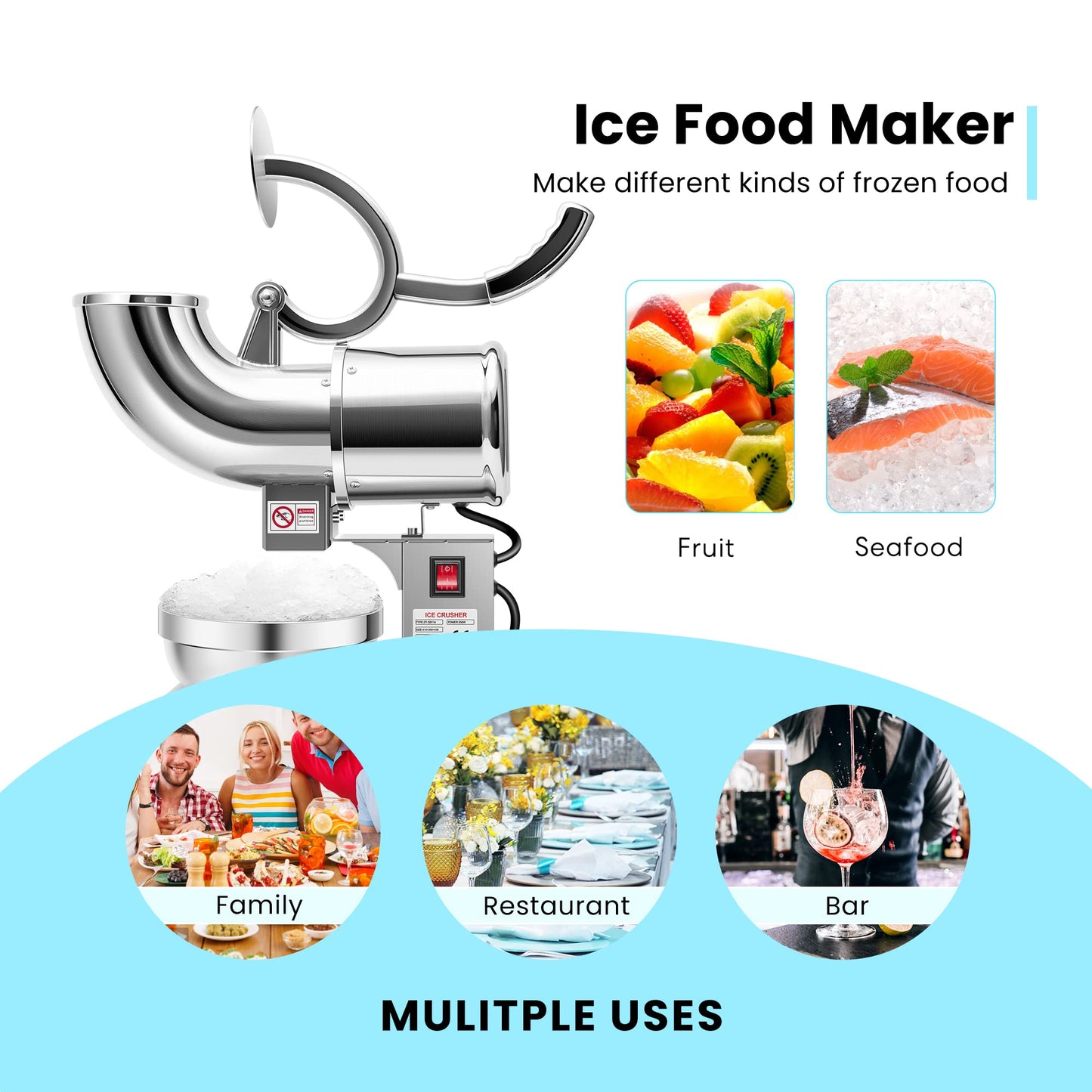 VIVOHOME Electric Dual Blades Ice Crusher Shaver Snow Cone Maker Machine Silver 440lbs/hr for Home and Commercial Use