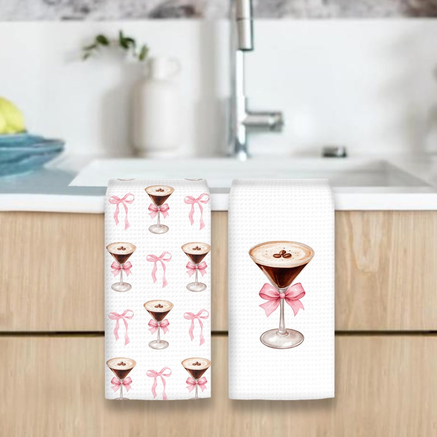 OINDADE Espresso Martini Decor Kitchen Towels Set of 2 - Coquette Bow Espresso Martini Gifts Hand Towel, Pink Bow EspressoMartini Dish Tea Towels for Kitchen Home Bar Cart Decor, 16x24In