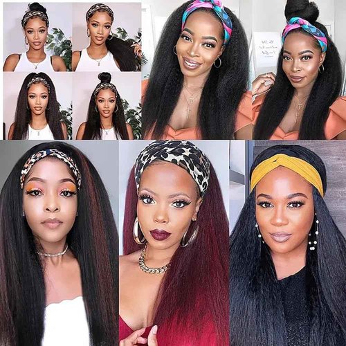 Headband Wig Human Hair 18 Inch Kinky Straight Headband Wigs for Black Women Yaki Straight Human Hair Headband Wig Half Wig Human Hair Natural Black Color